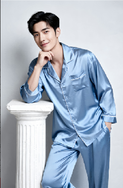 (V) 「錢皇」100%桑蠶絲長袖睡衣套裝 （長袖男士)(金咖色/瓦藍/酒紅) - 錢皇 #2204QW