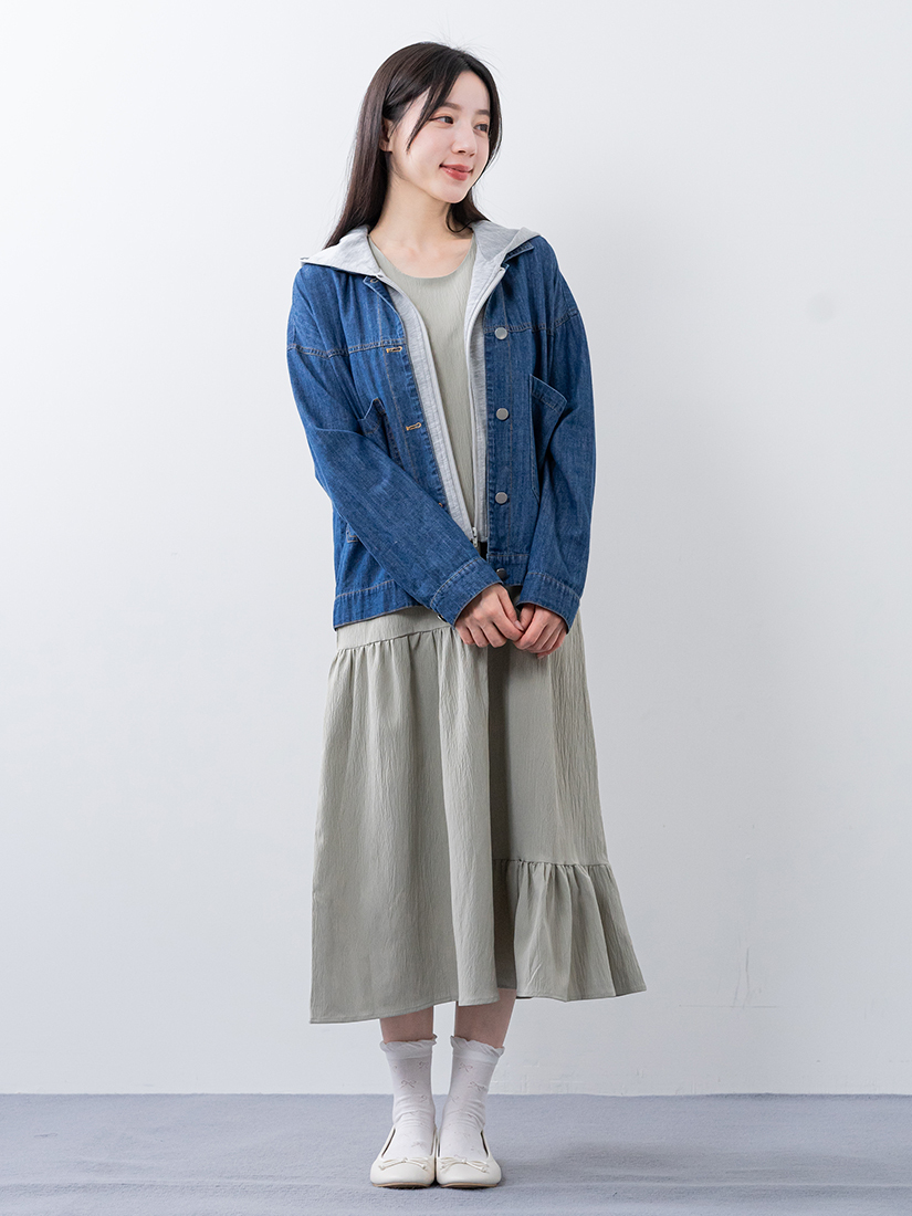 拼接連帽牛仔外套自然皺感不對稱剪接長洋裝組合