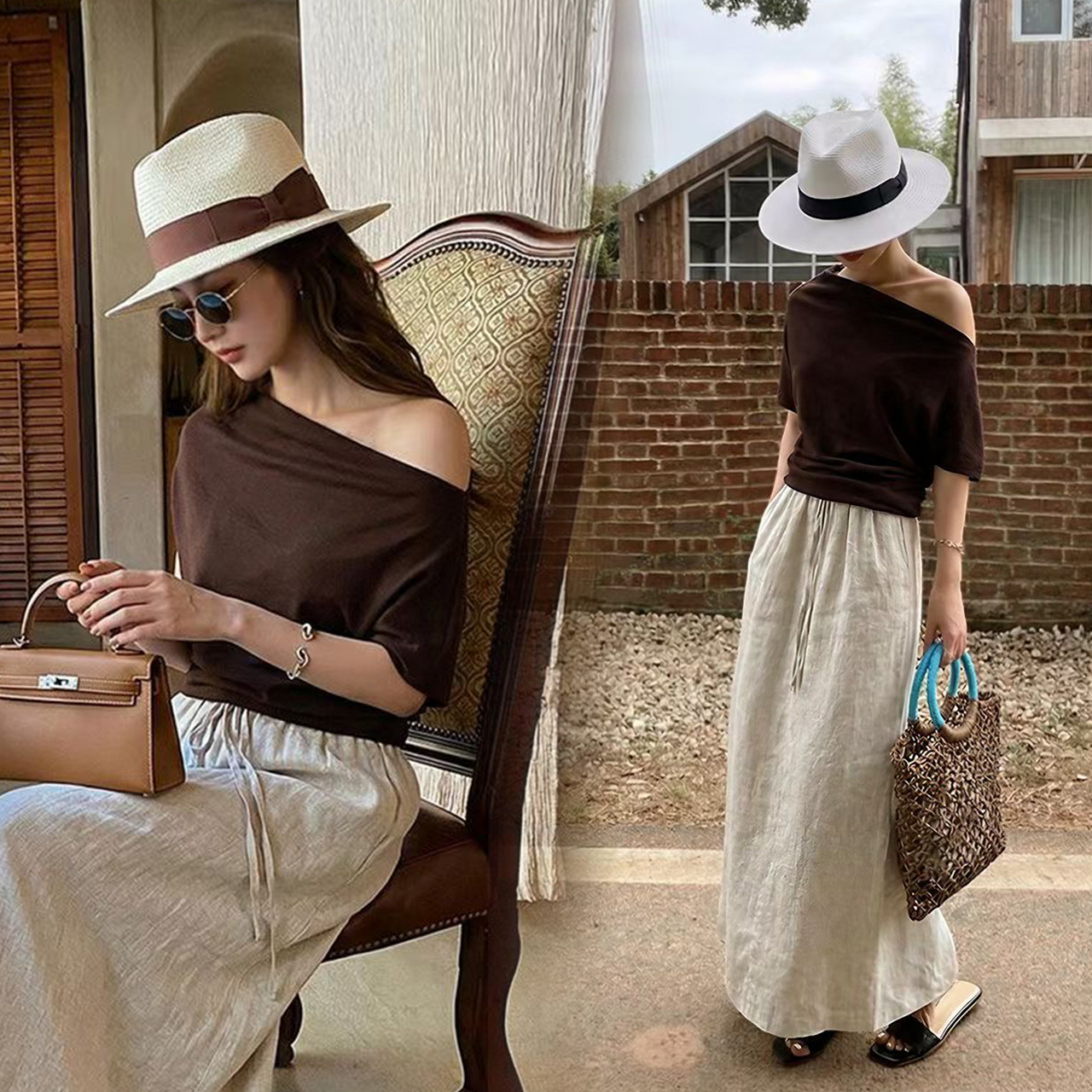 咖啡色單邊露肩上衣+奶油杏棉麻長裙SET-S-L (Elegant & Love)