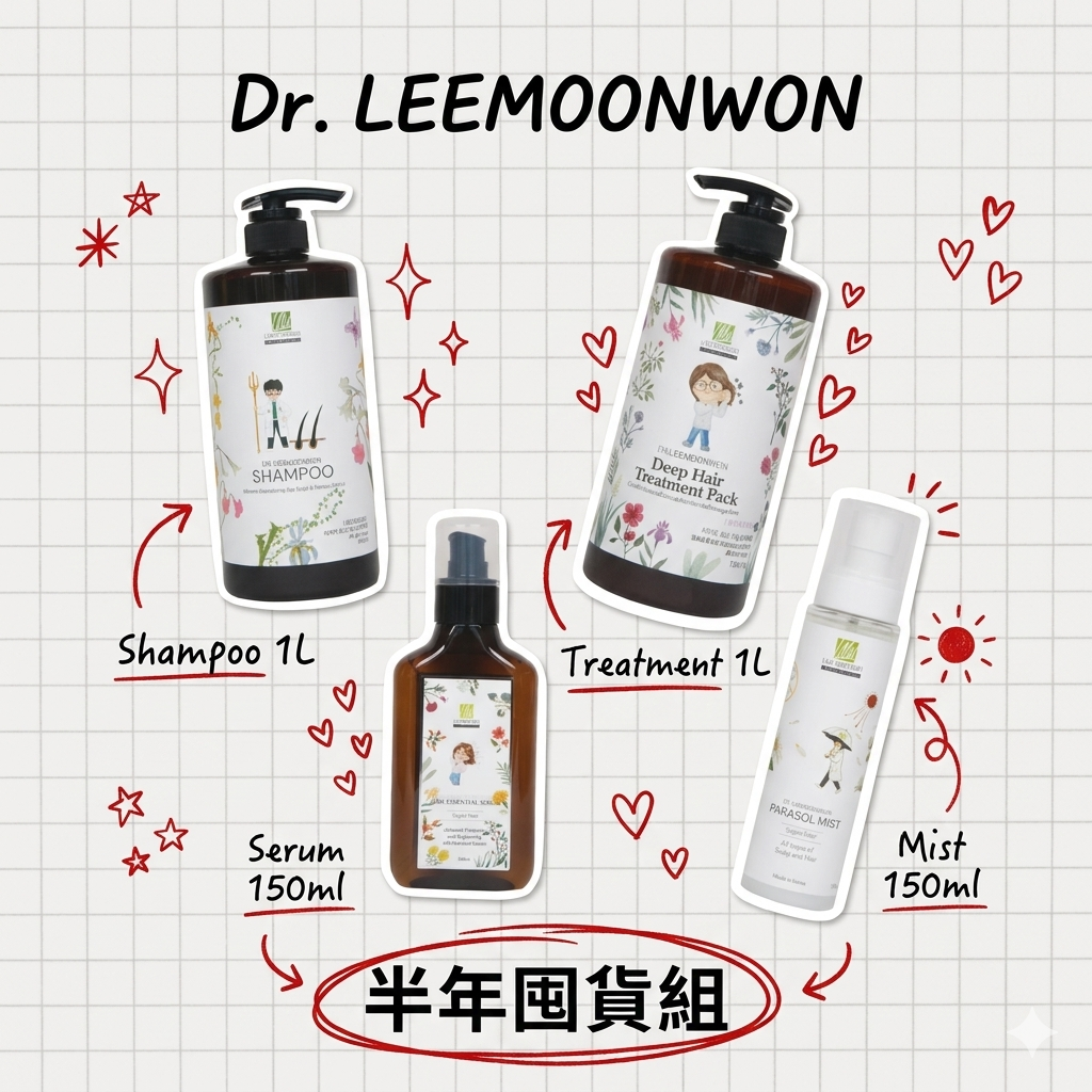 【7折半年囤貨組】1L漢方洗頭水 + 1L漢方護髮素 + 毛躁救星修護精華 150ml + 防護噴霧 150ml