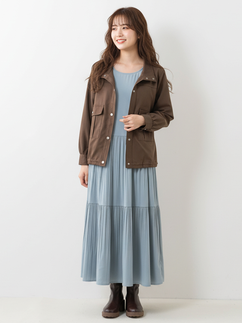 立領工裝口袋夾克外套壓褶短袖長洋裝組合