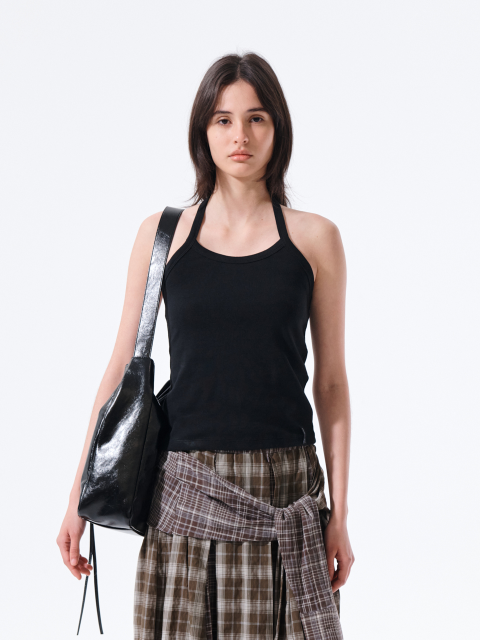 標籤細節掛脖背心 黑色