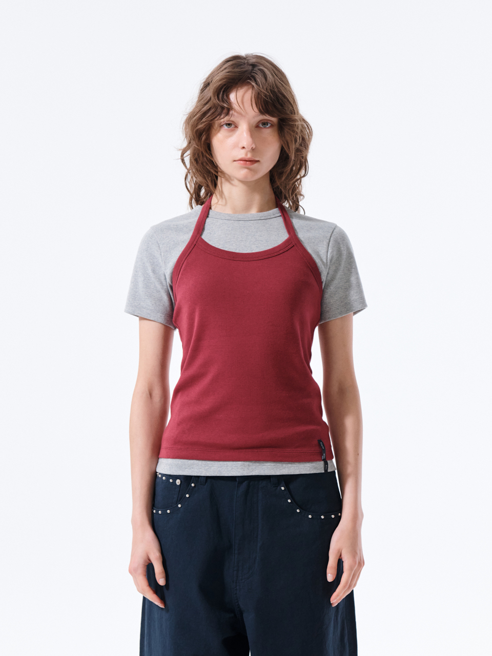 標籤細節掛脖背心 酒紅