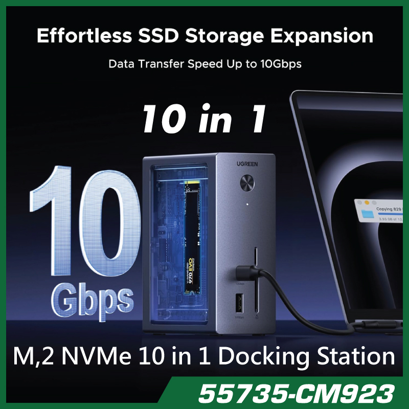 UGREEN Revodok 4K@60Hz HDMI、3×USB‑A、USB‑C、Gigabit網口、SD/TF卡槽、M.2 NVMe硬碟槽 10 in 1 Docking Station 10合1集線器 cm923 - 55735