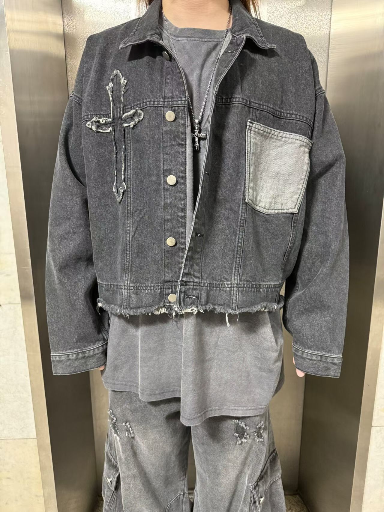 洗水圖案開胸牛仔褸 GLAMOUR-150Jk