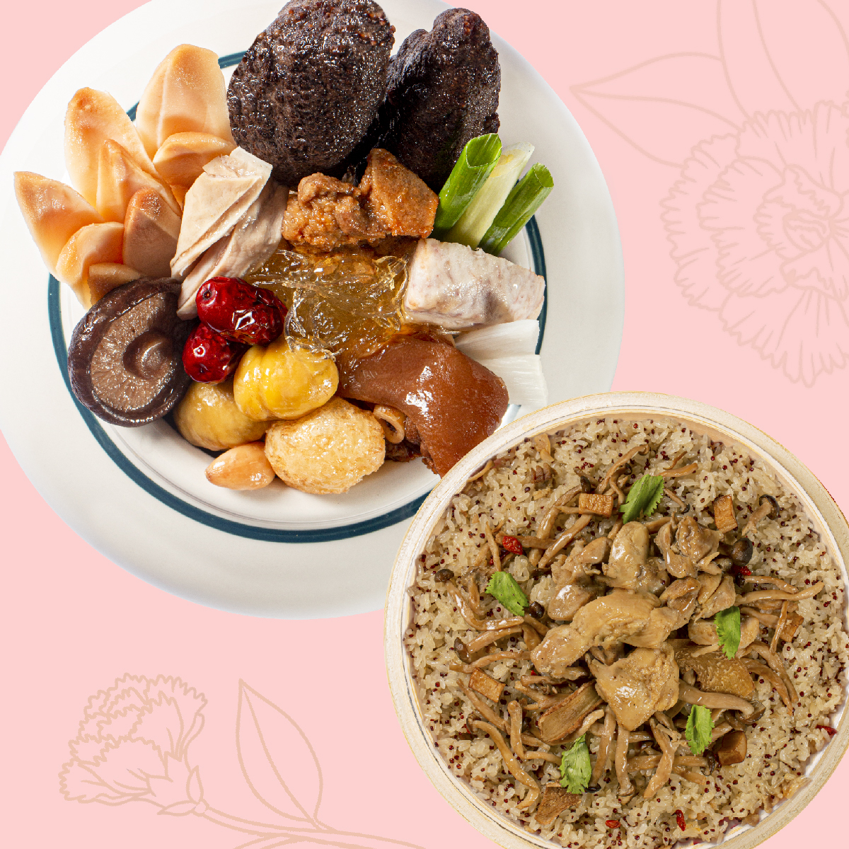 母親節買一送一【滿福鮑參佛跳牆+麻油紅藜菇菇雞米糕】