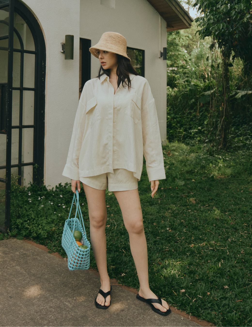 極簡雙口袋棉麻外套（杏白色）