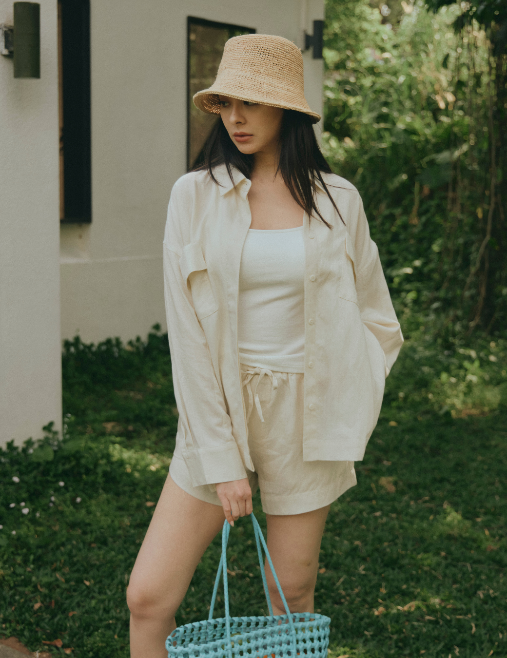 極簡雙口袋棉麻外套（杏白色）