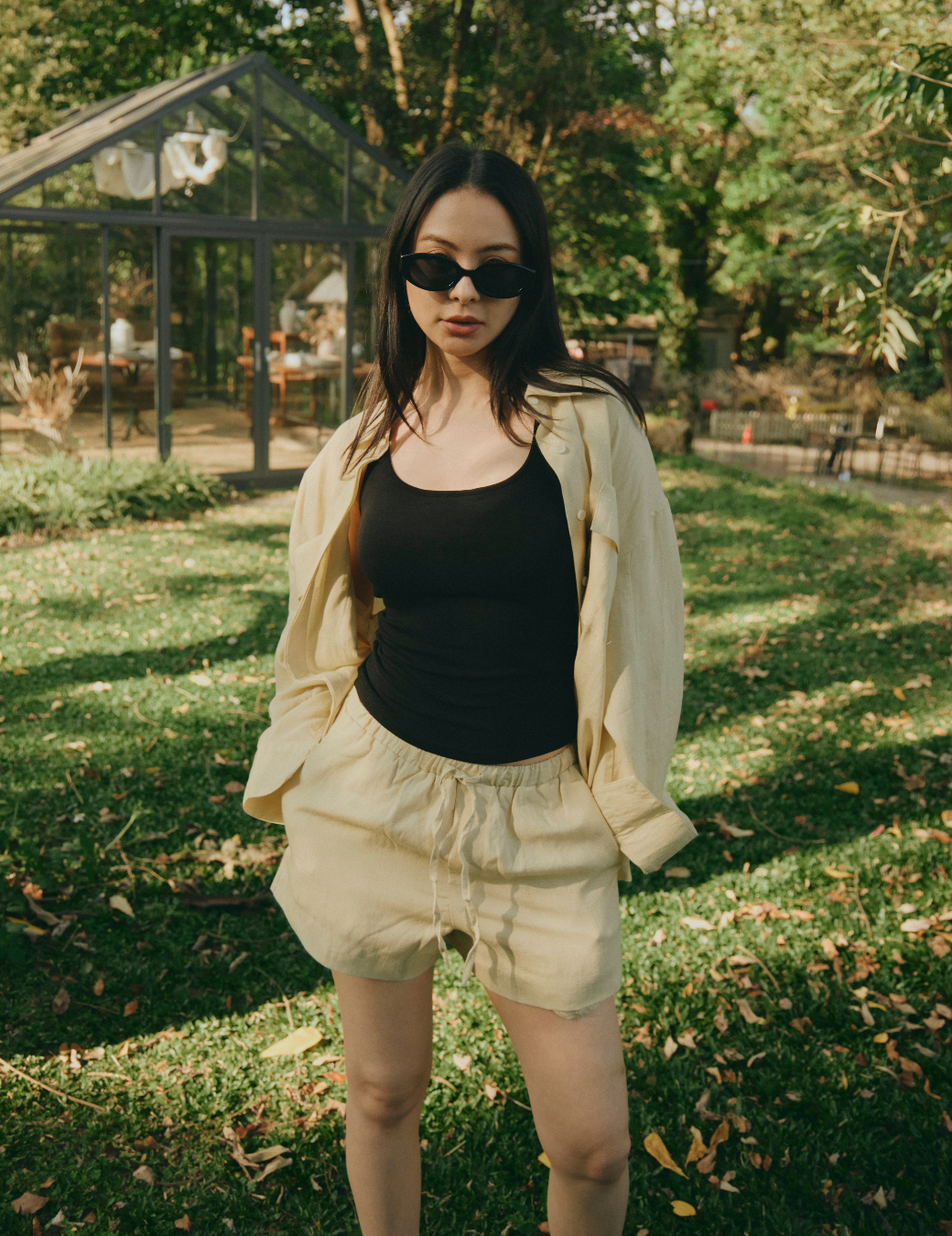 極簡雙口袋棉麻外套（杏黃色）