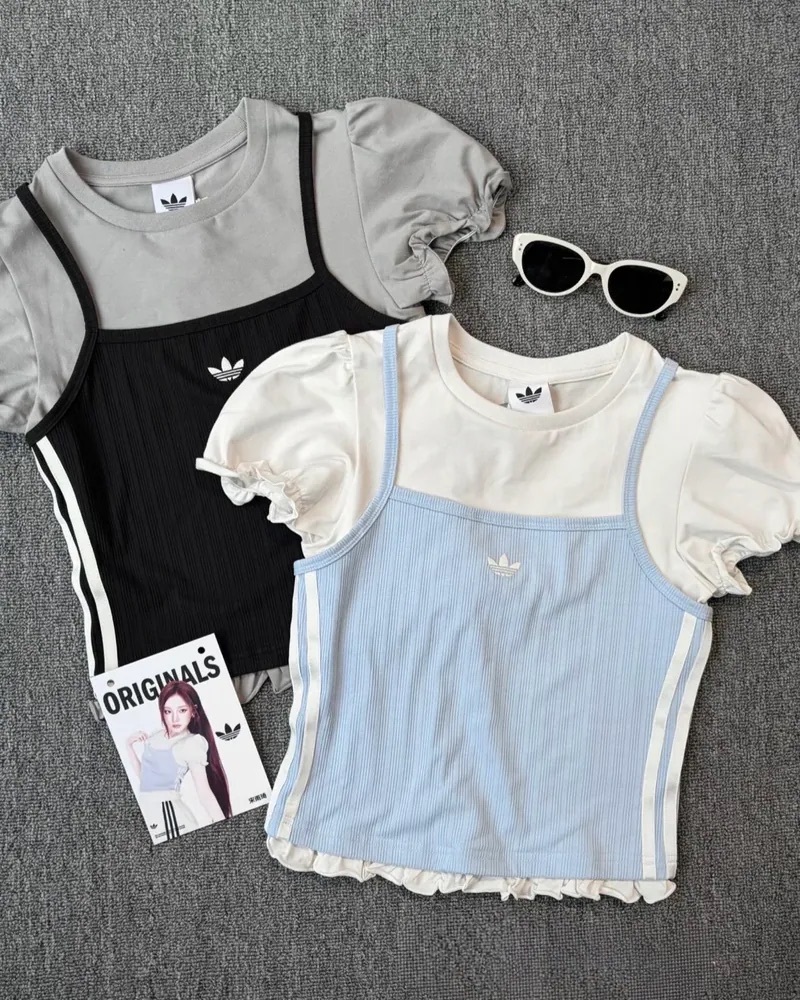代購-ADIDAS ORIGINALS SLIMS TEE 泡泡袖 短袖 假兩件 荷葉邊 三葉草 寶寶藍/黑灰