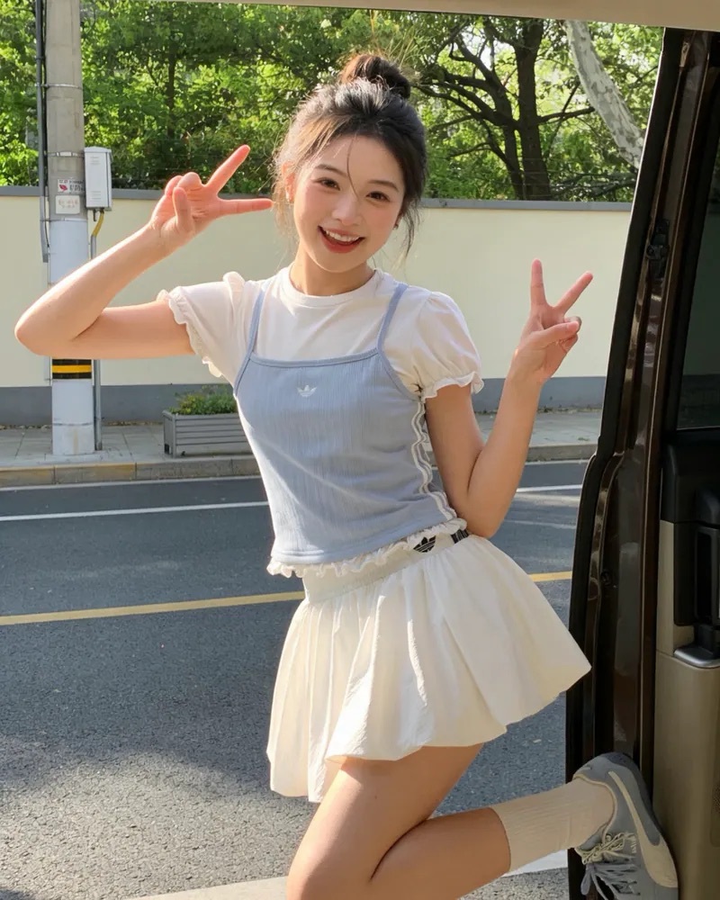 代購-ADIDAS ORIGINALS SLIMS TEE 泡泡袖 短袖 假兩件 荷葉邊 三葉草 寶寶藍/黑灰