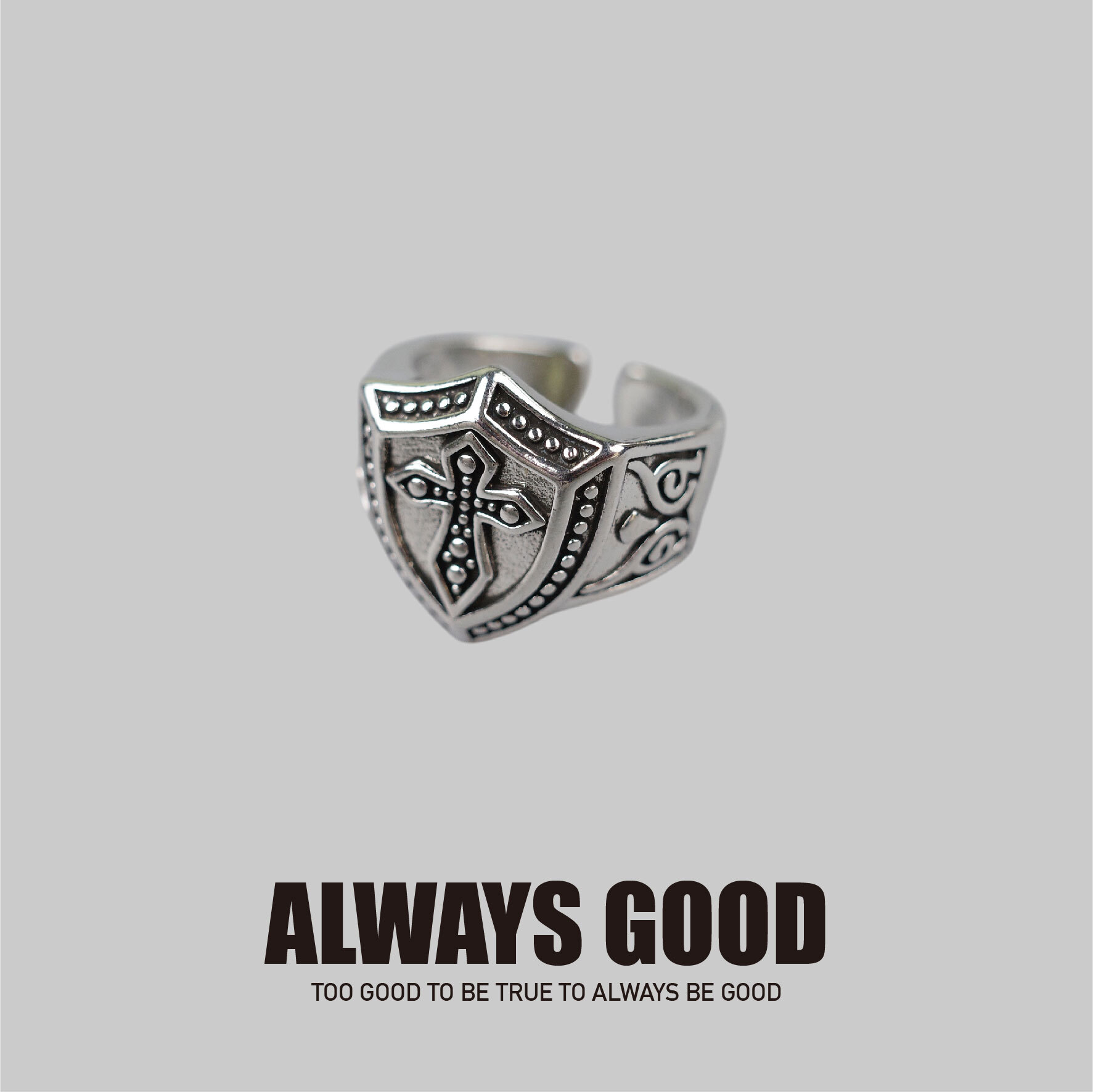 『Always_Good』盾牌十字架 銅鍍銀 戒指