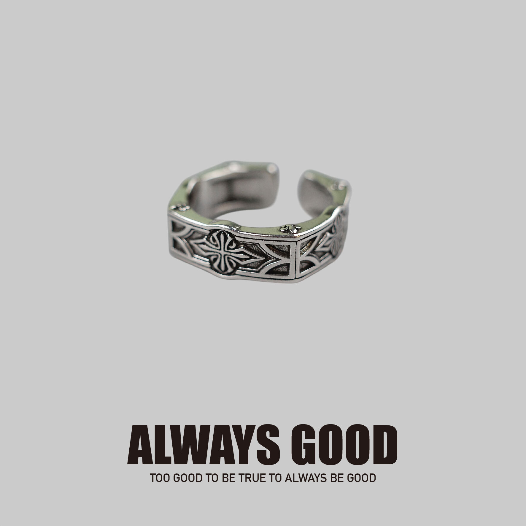 『Always_Good』方形十字 銅鍍銀 戒指
