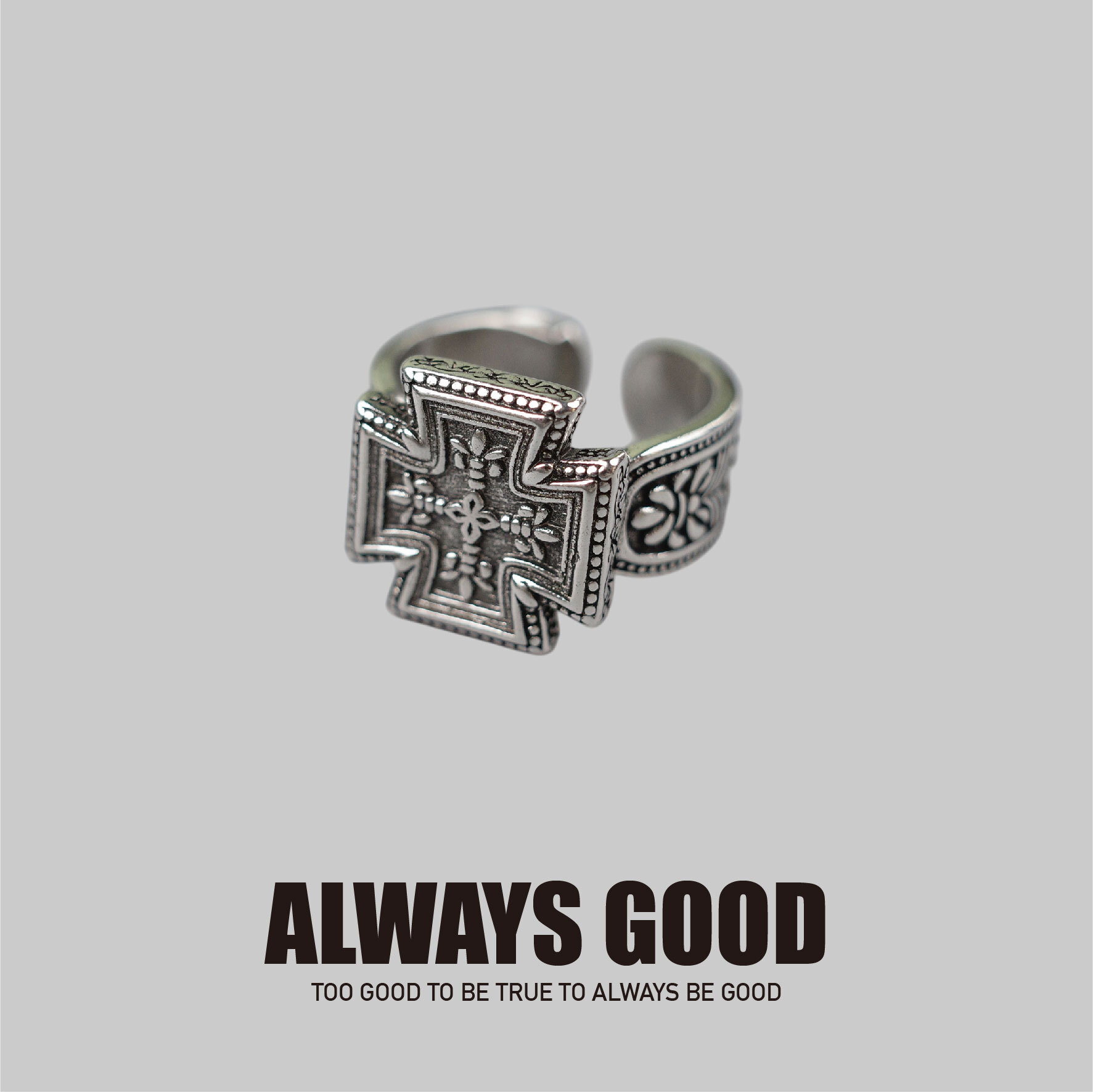 『Always_Good』浮雕十字架 銅鍍銀 戒指