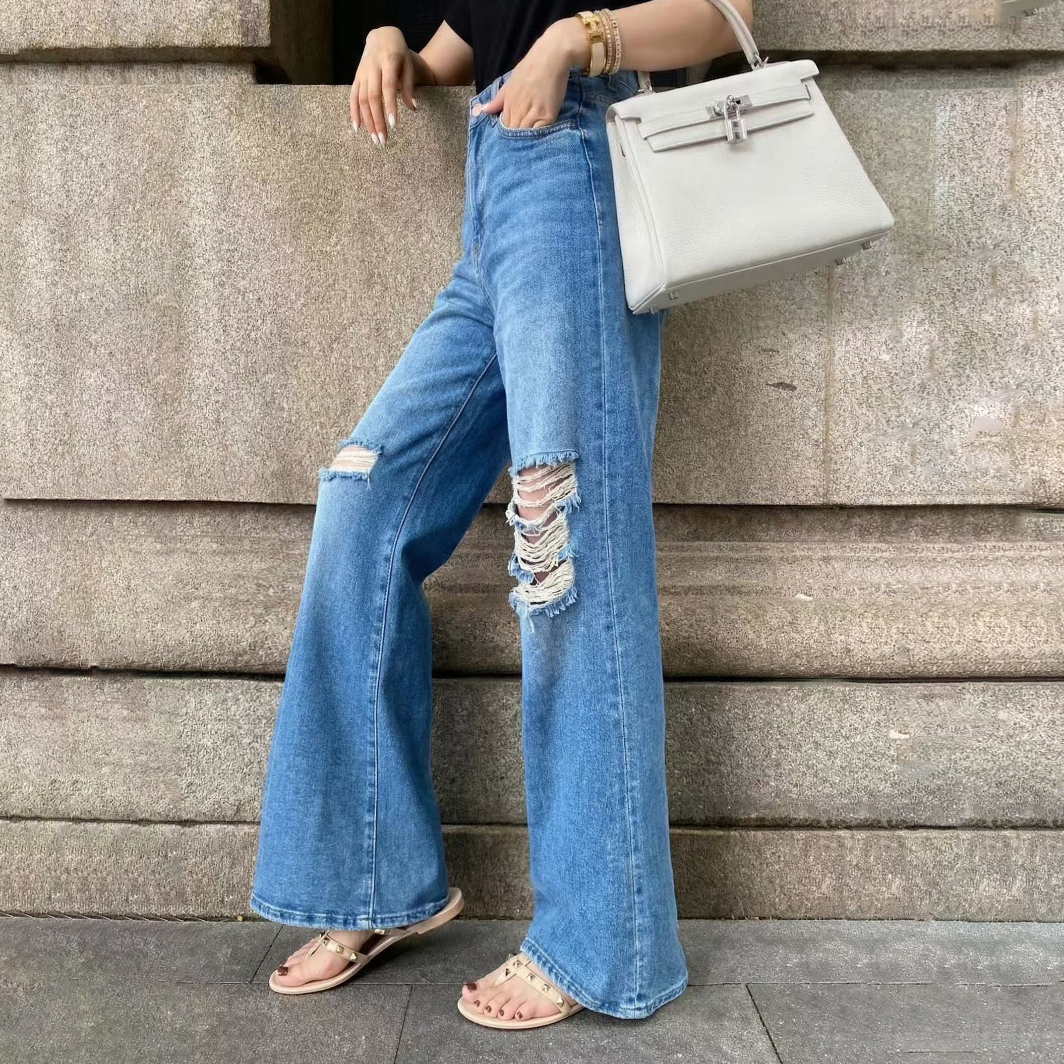 長腿微刷色割破造型直筒牛仔褲-S-XL (Elegant & Love)