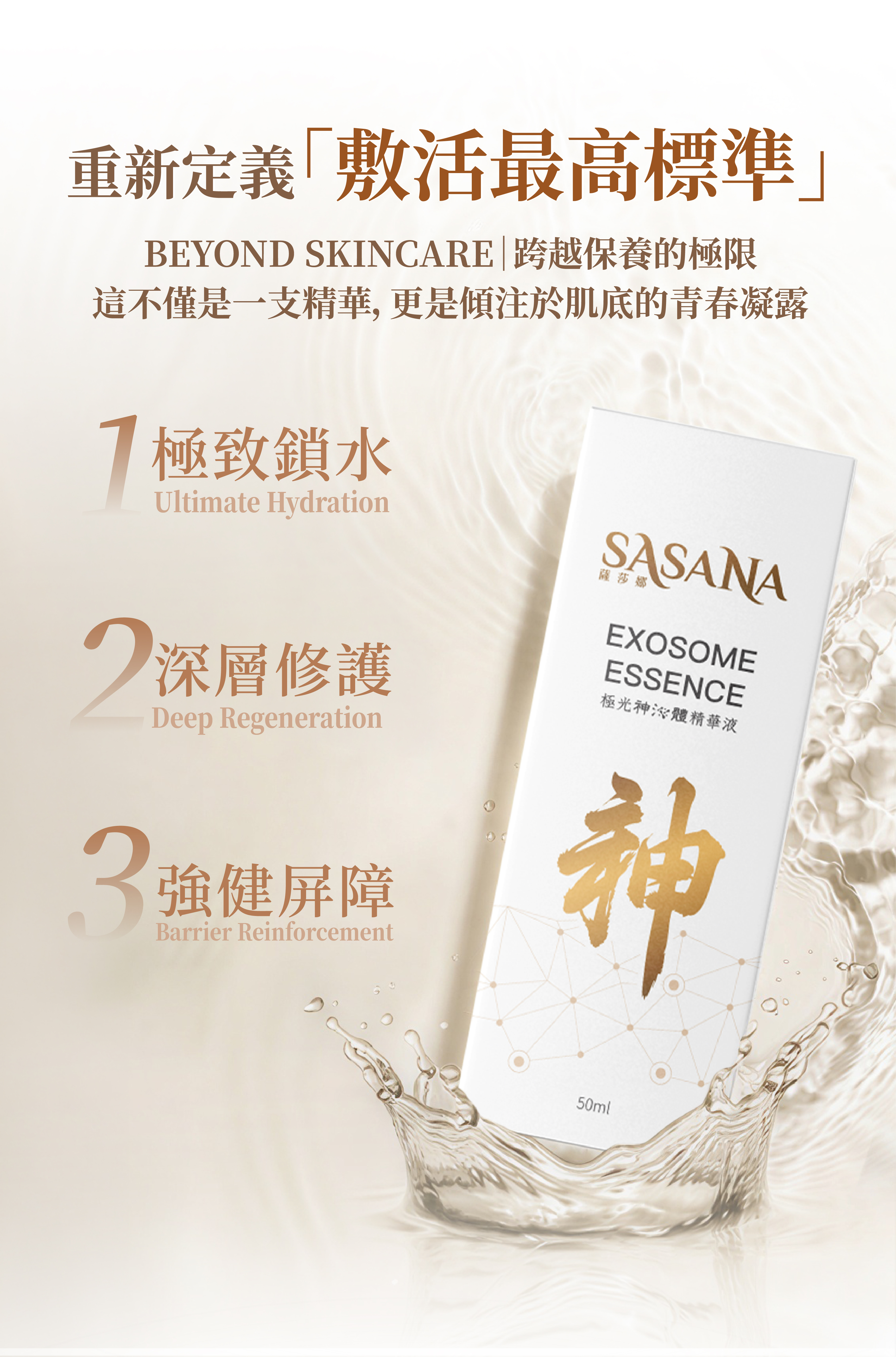 SASANA 獨家微脂囊包覆技術與成分解說圖。黃金比例融合神經醯胺、積雪草萃取與抗皺胜肽。將修護因子深入肌底，幫助熟齡肌膚緊緻提亮與深度修護