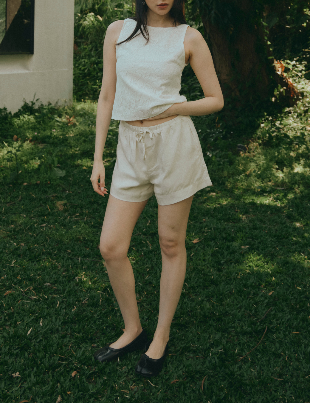 極簡抽繩棉麻短褲（杏白色/2尺寸）