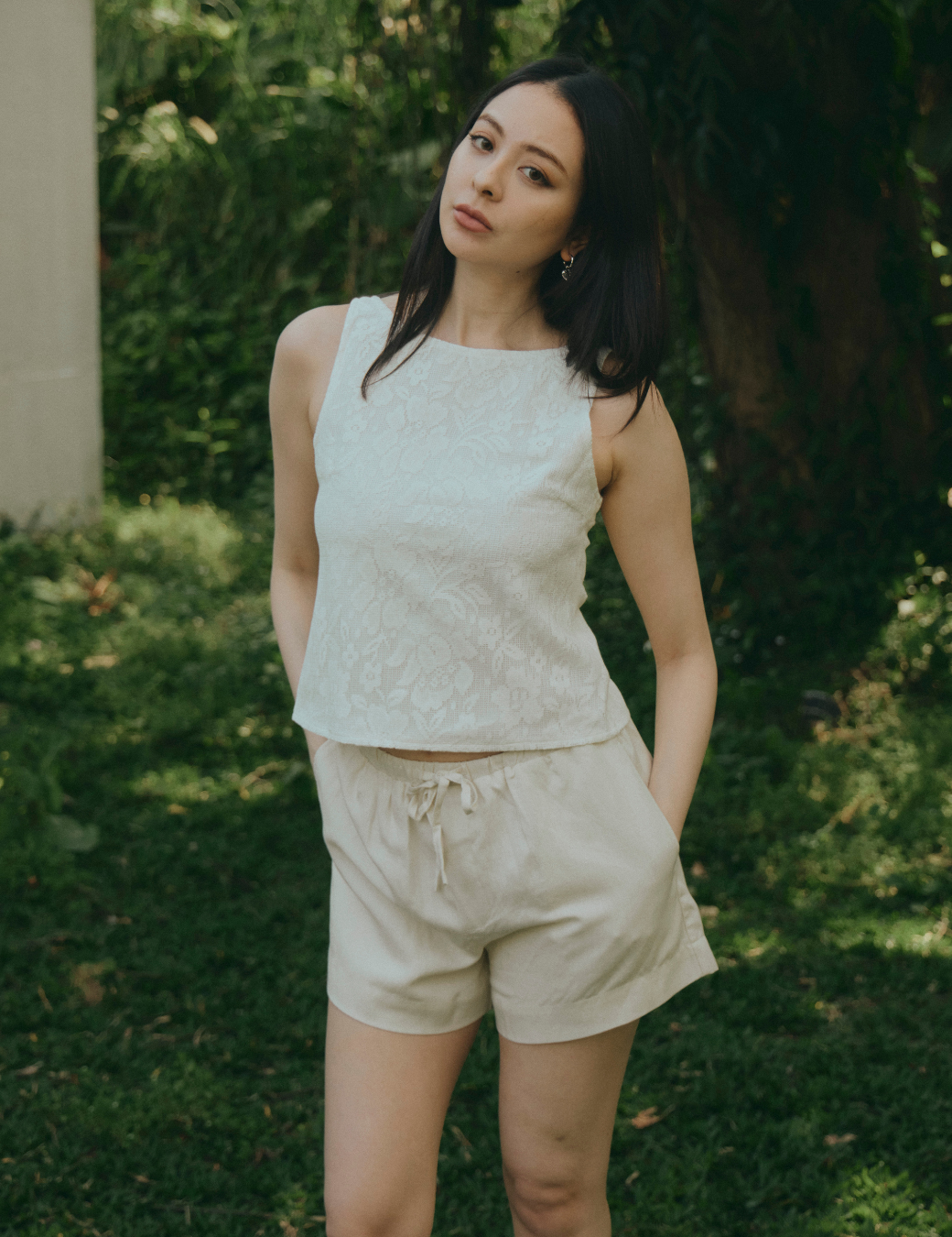 極簡抽繩棉麻短褲（杏白色/2尺寸）