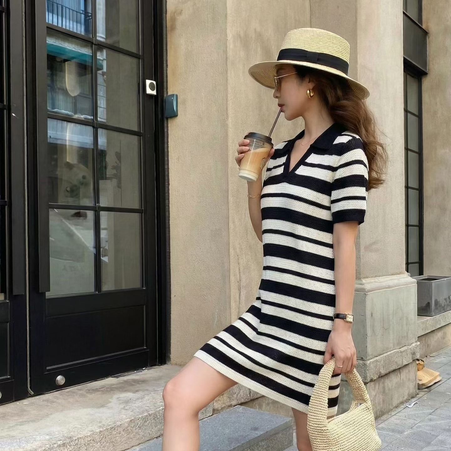 經典黑白橫條紋翻領針織短袖短洋裝-S-L (Elegant & Love)