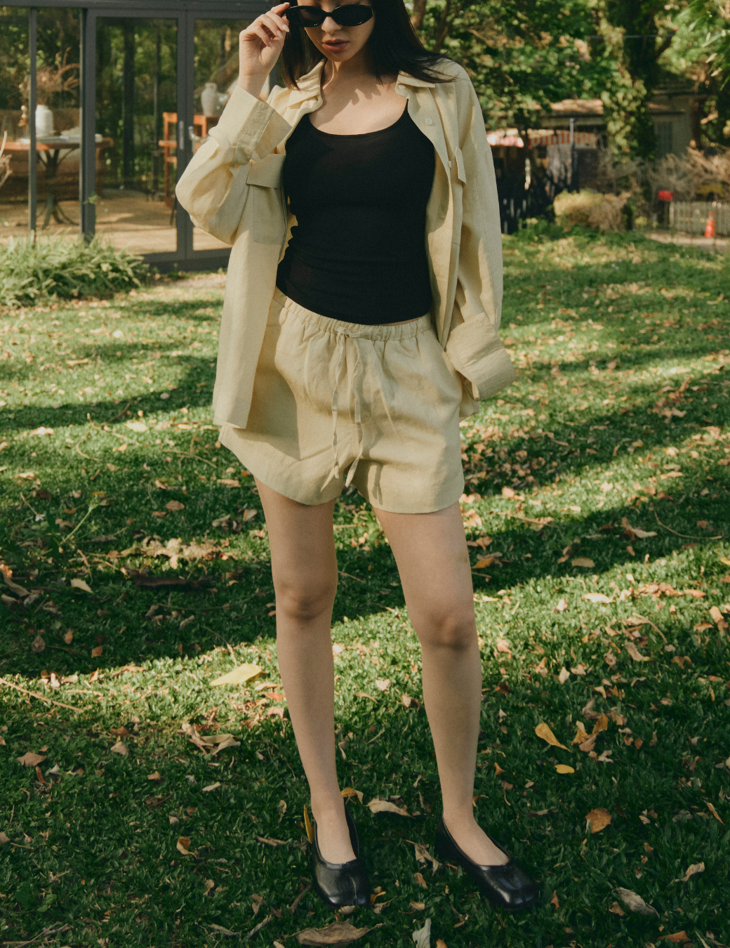 極簡抽繩棉麻短褲（杏黃色/2尺寸）