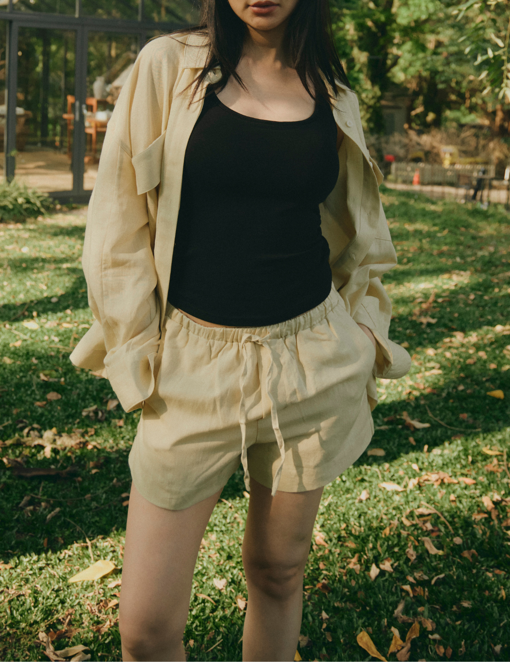 極簡抽繩棉麻短褲（杏黃色/2尺寸）