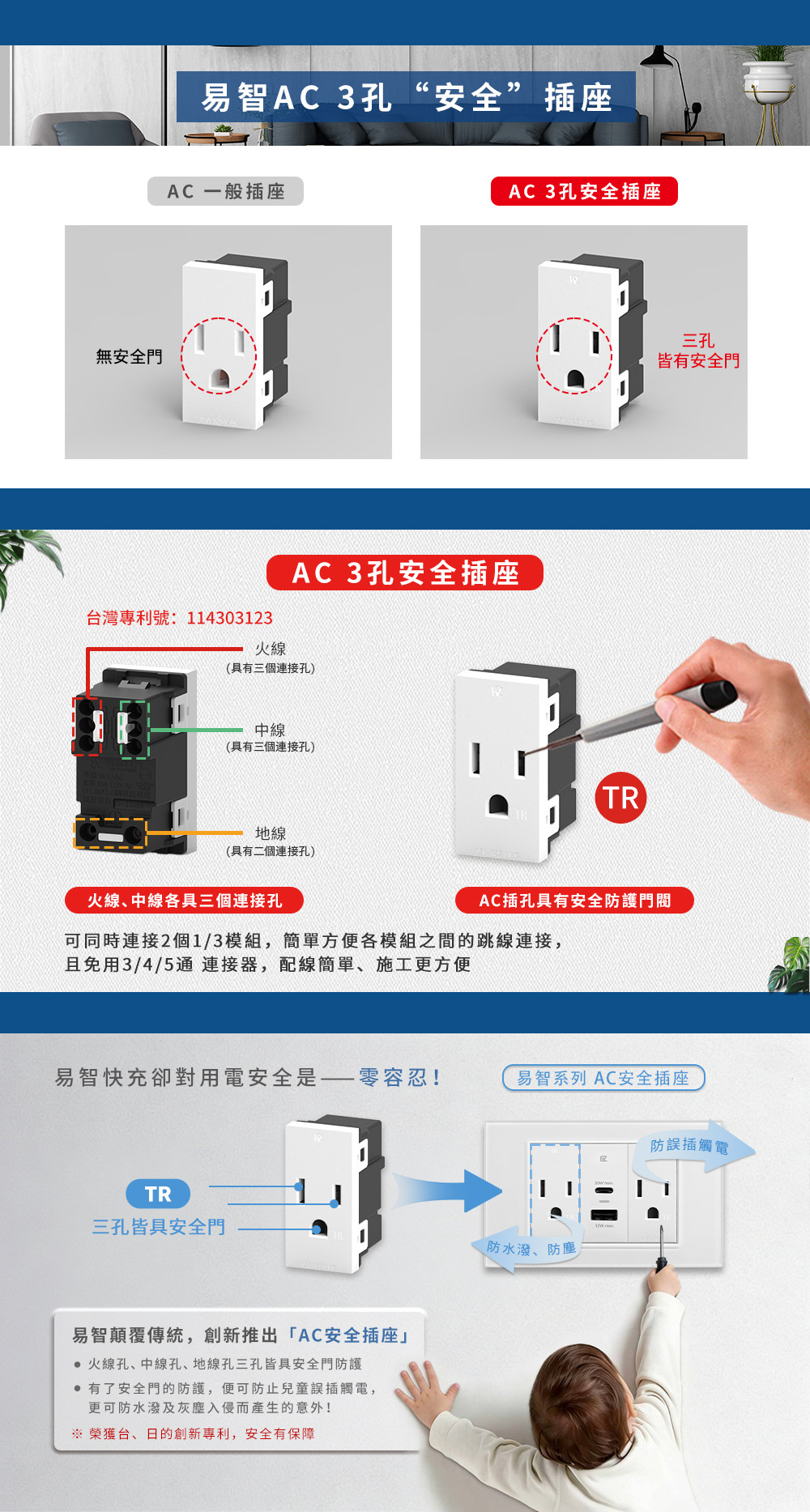AC安全插座，安全門防護，防止兒童誤觸電，防止水潑及防麈