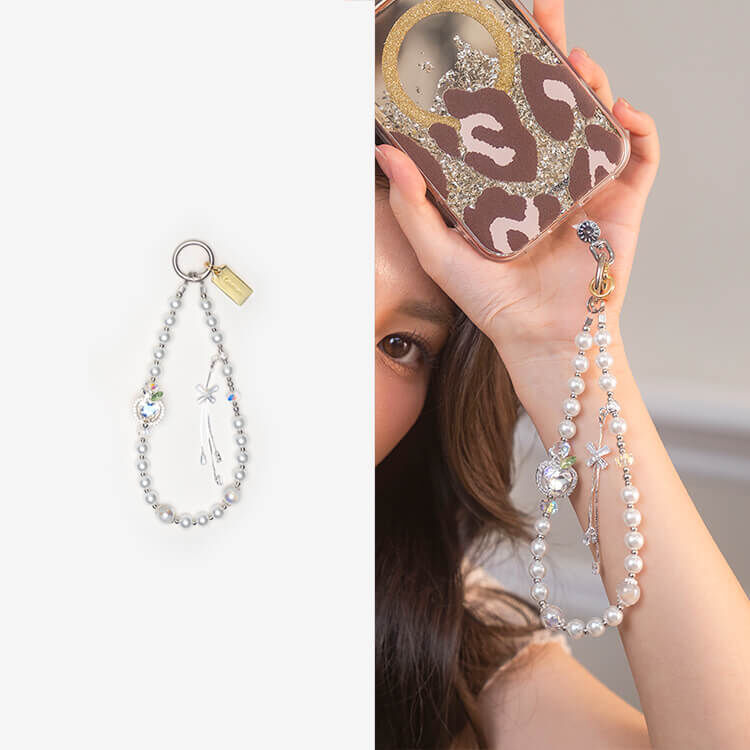 晶瑩蘋果水晶鑽 (透白) 氣質珍珠手腕繩 短掛繩  手機掛繩