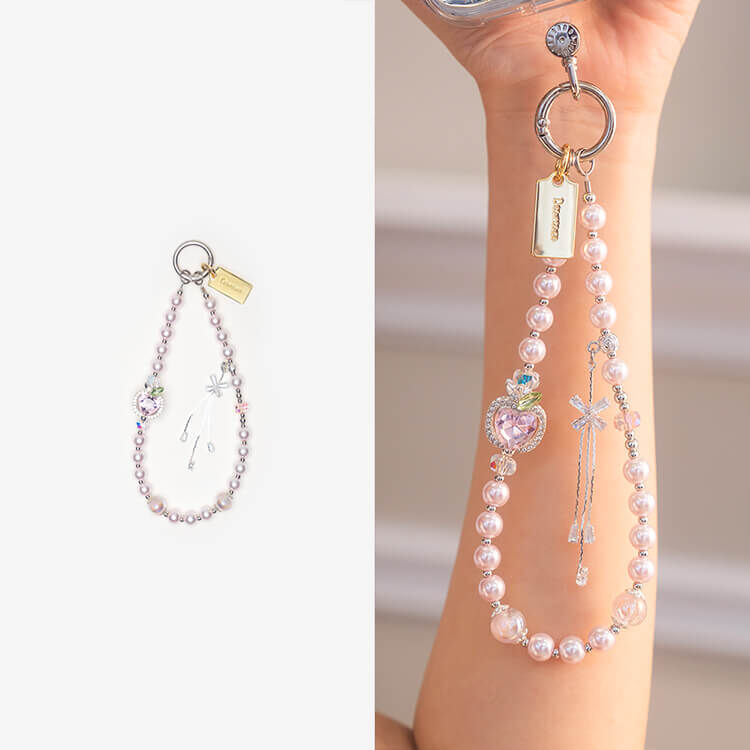 晶瑩蘋果水晶鑽 (透粉) 氣質珍珠手腕繩 短掛繩 手機掛繩