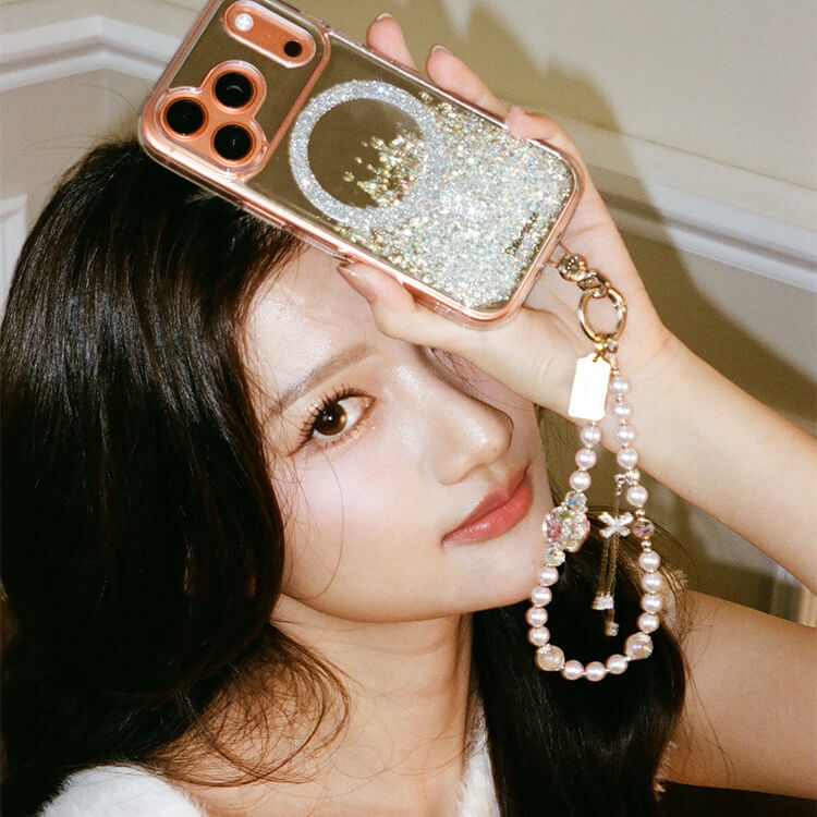 晶瑩蘋果水晶鑽 (透粉) 氣質珍珠手腕繩 短掛繩 手機掛繩