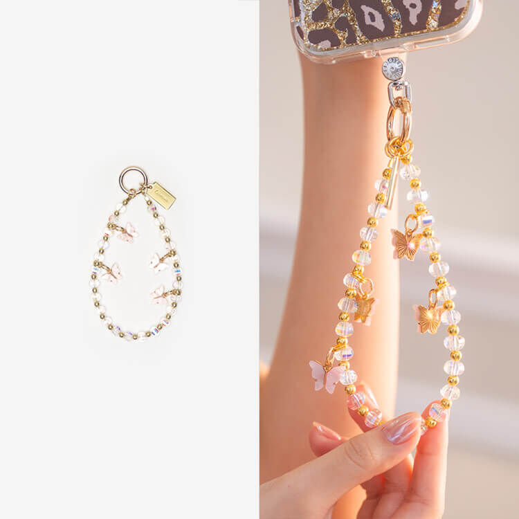 浪漫粉蝶飛舞炫彩白晶 串珠手腕繩 短掛繩 手機掛繩
