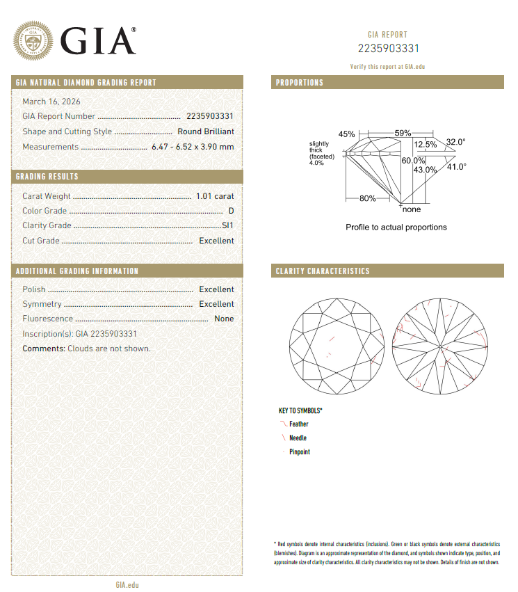 GIA鑽石 1.01 D SI1 3EX NON