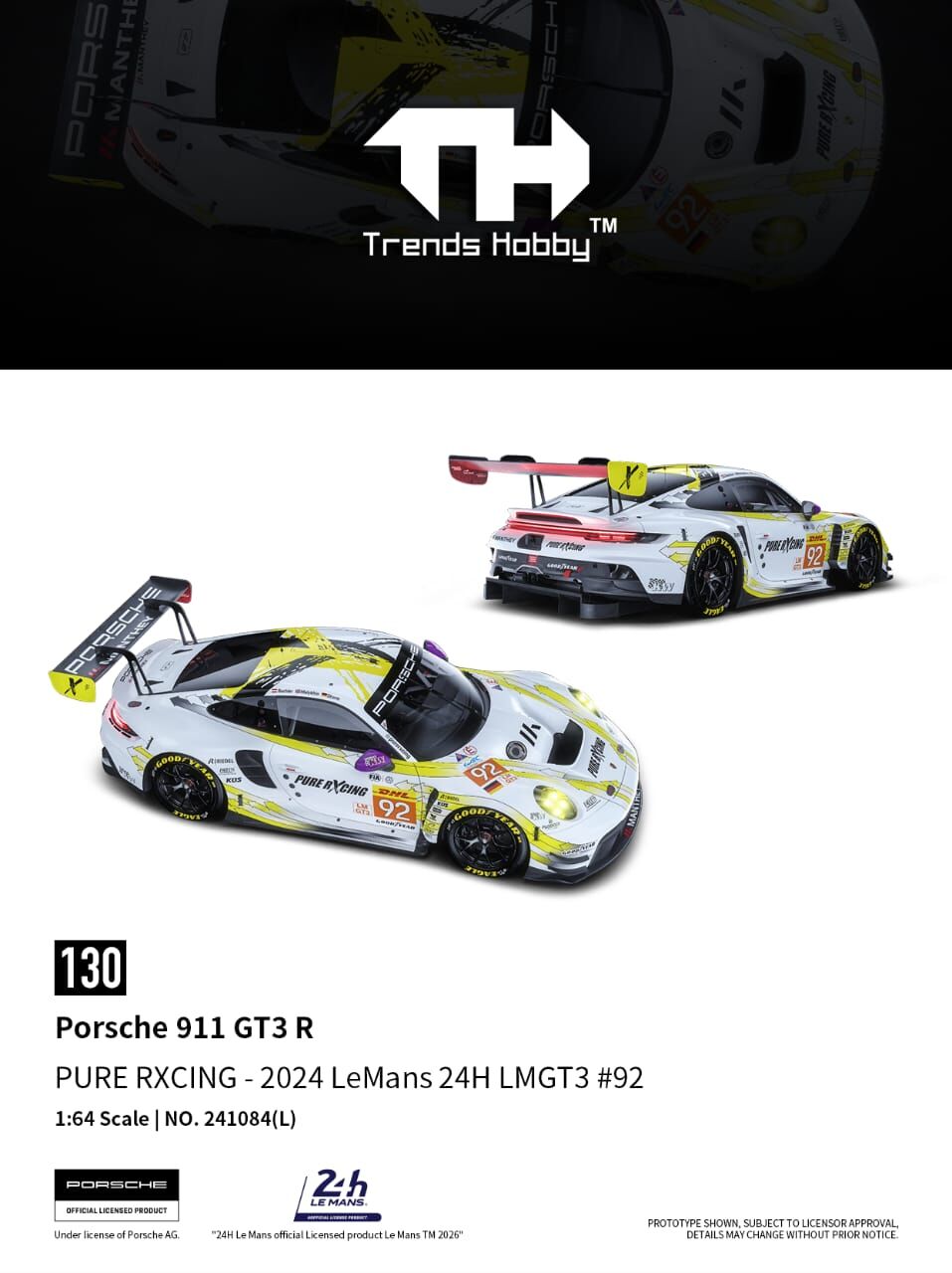 預訂 Pre Order - Trends Hobby Diecast 1/64 Porsche 911 GT3 R- LeMans 24H 2024 #92