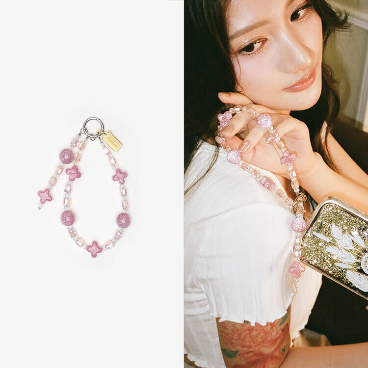 閃耀銀河藕遇四葉草 粉晶串珠手腕繩 短掛繩 手機掛繩