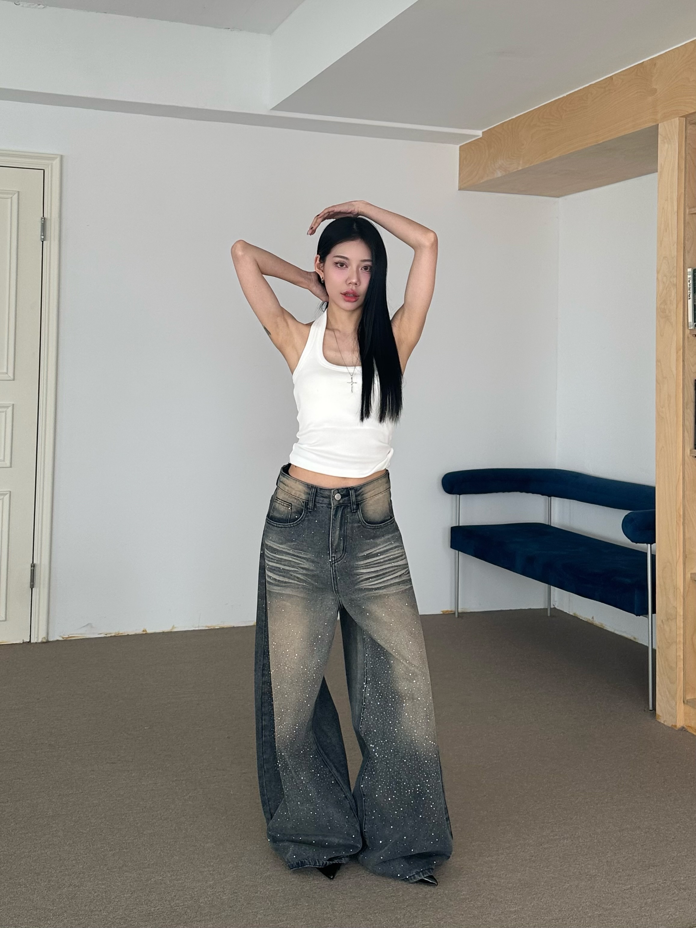 辣妹貓鬚水鑽牛仔褲