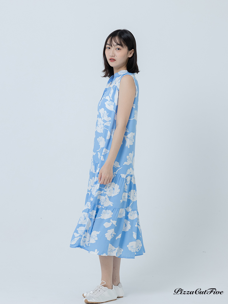 [兩件1580｜涼感洋裝]白色花卉立領無袖蛋糕洋裝 PizzaCutFive PCF262486069