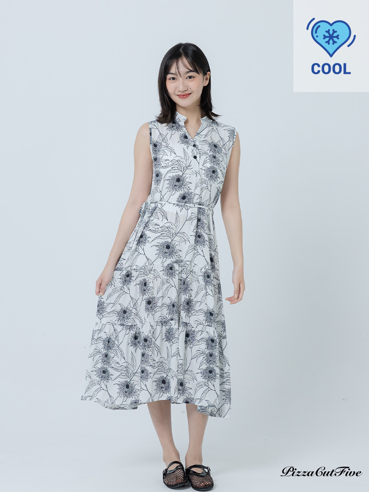 [兩件1580｜涼感洋裝]復古線描花卉立領無袖蛋糕洋裝 PizzaCutFive PCF262486070