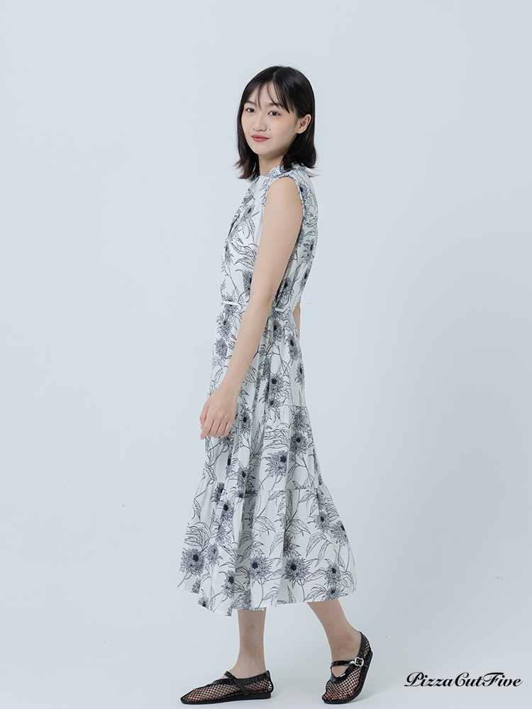 [兩件1580｜涼感洋裝]復古線描花卉立領無袖蛋糕洋裝 PizzaCutFive PCF262486070