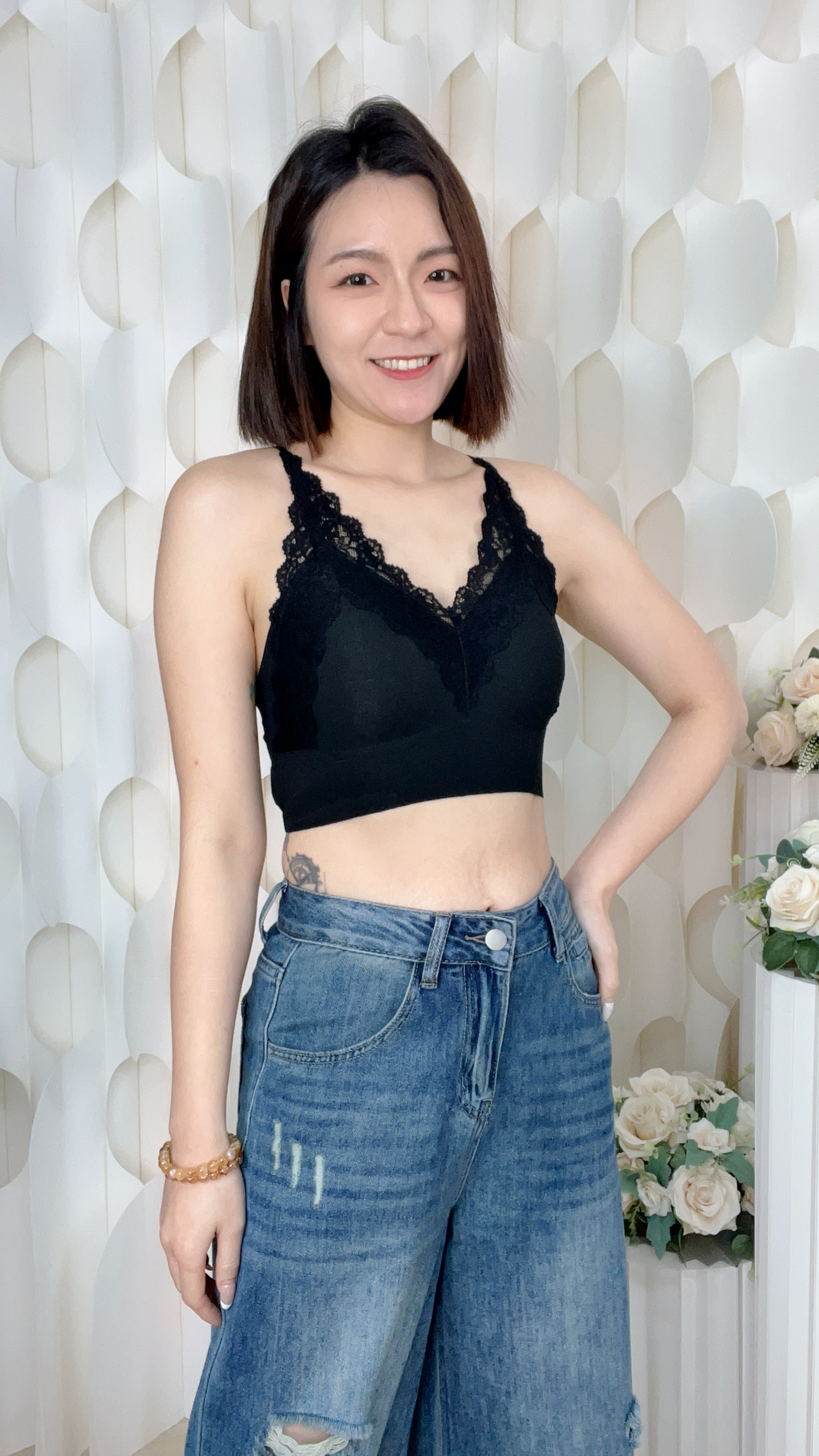 LACE拼彈力棉吊帶背心（FREE SIZE /適合 70/75 A、B、C（2件起每件$89/1) )09580 #1704clo