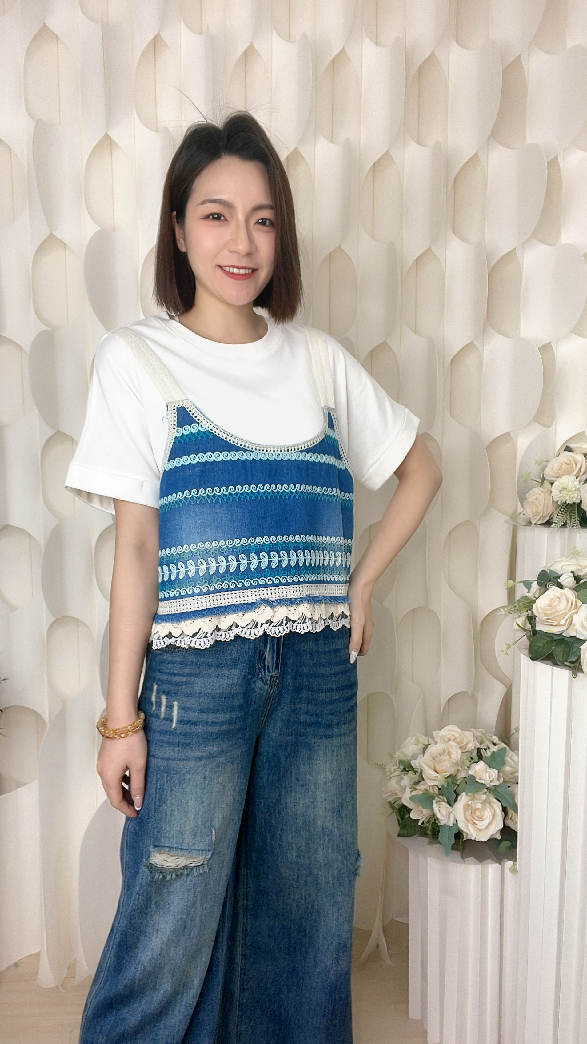 刺綉牛仔拼薄棉質假兩件上衣(胸:44 腰: 42長23吋)61246#1704clo