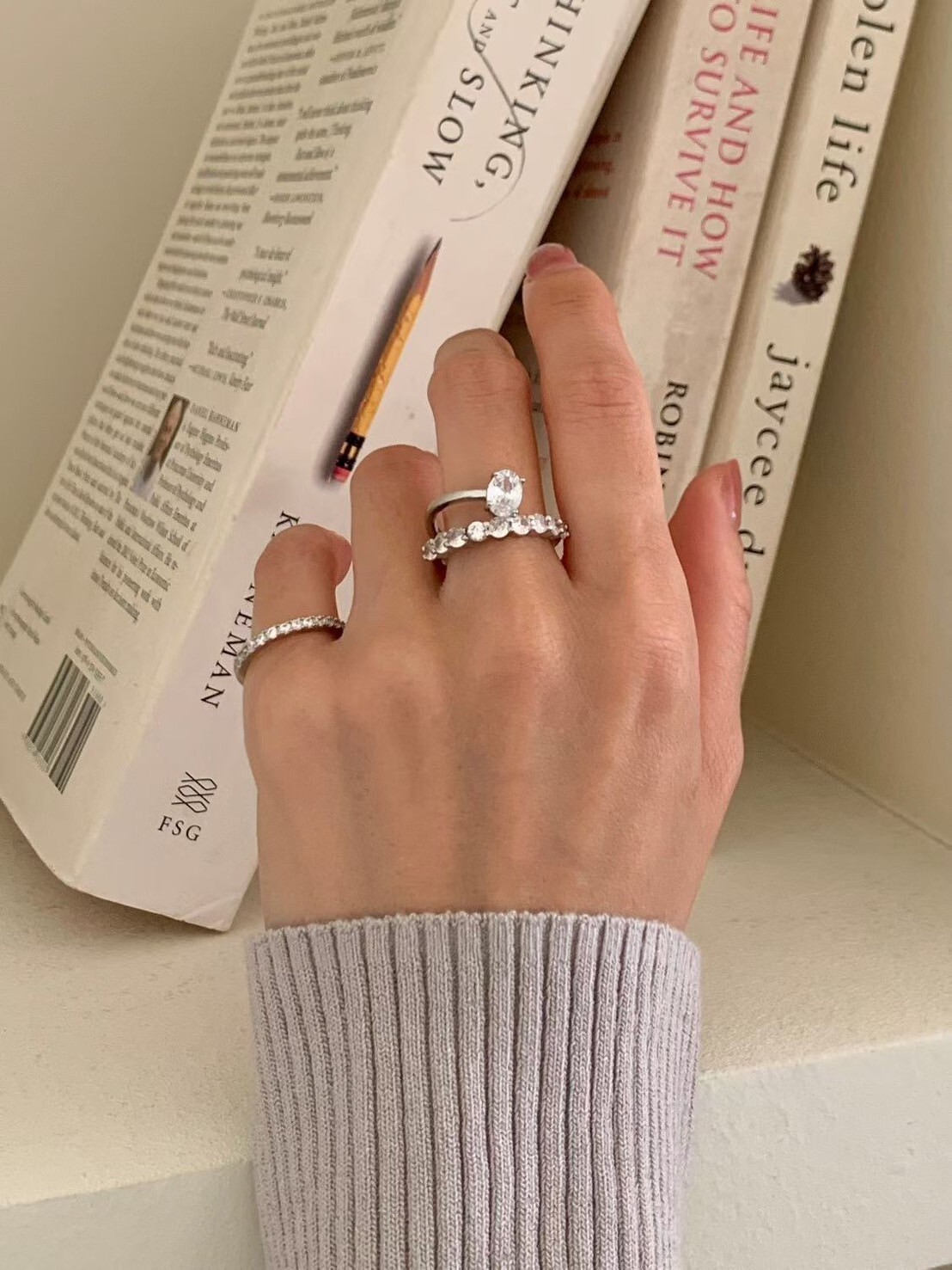 單顆圓鑽環繞戒指+滿鑽細戒組SET