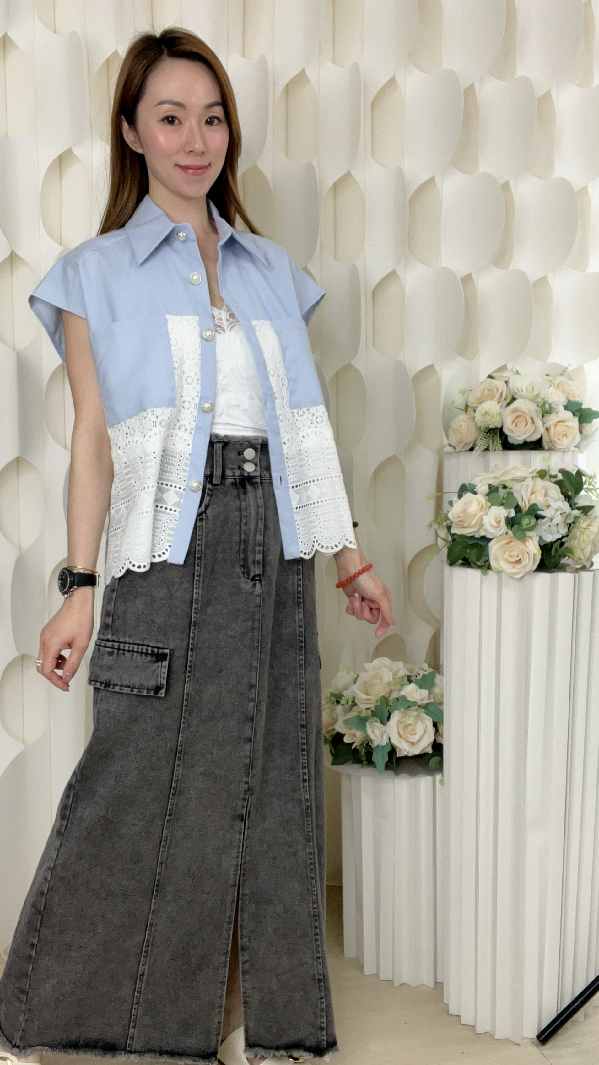 棉麻料拼通花LACE珍珠紐上衣(胸:42腰:42長:22吋)55887#1704clo