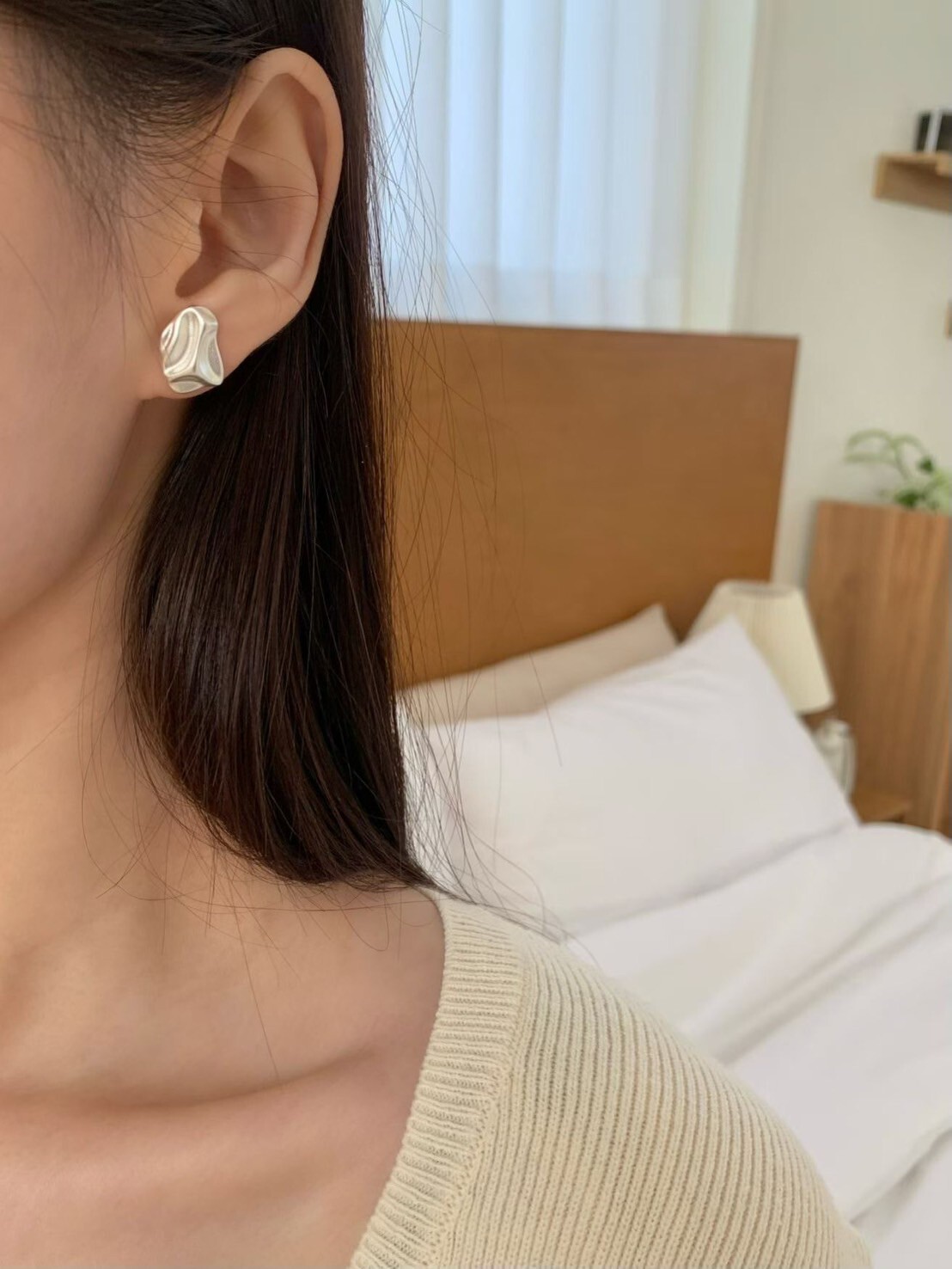 白銀色系揉紙感幾何圖形耳環