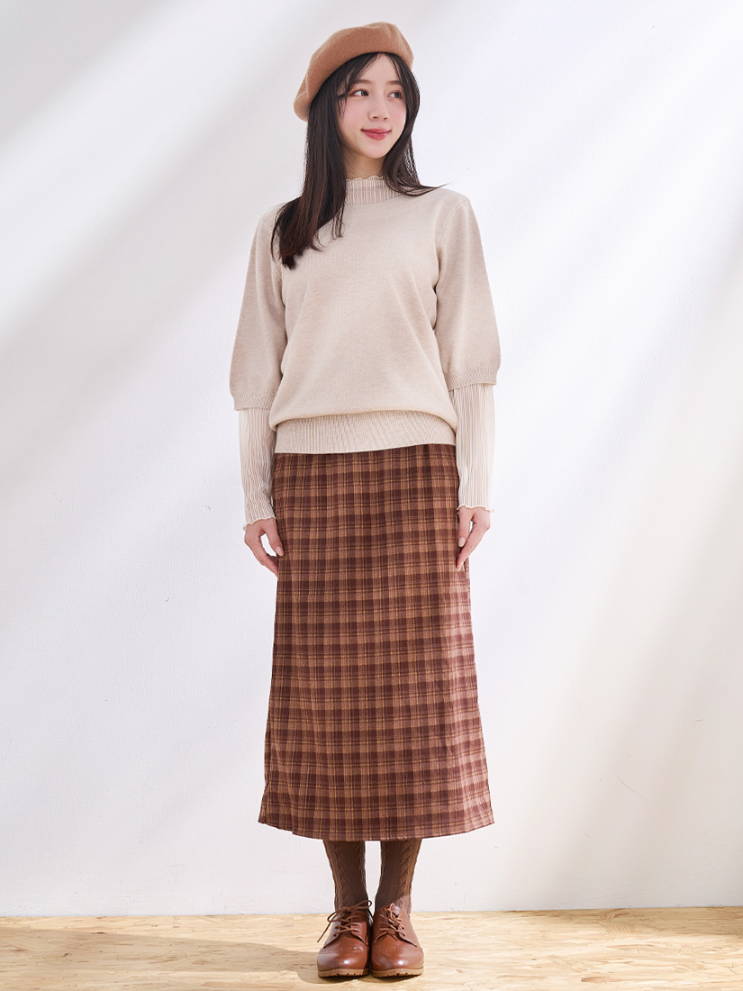 針織上衣木耳邊上衣格紋後開衩長裙組合