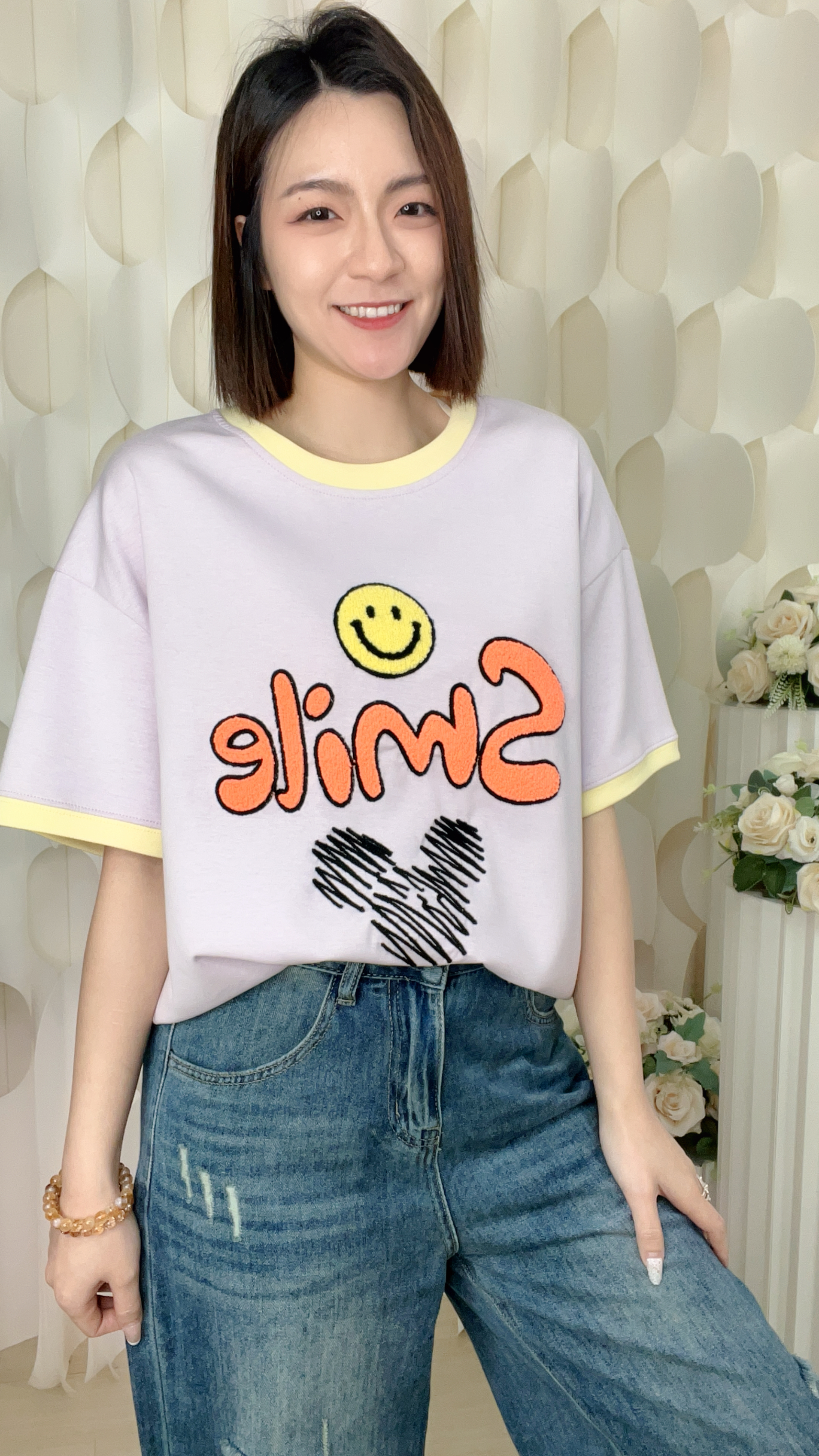 笑臉重工刺綉滑棉上衣(胸: 42-46 腰:42-46  長24吋) 56158#1704clo