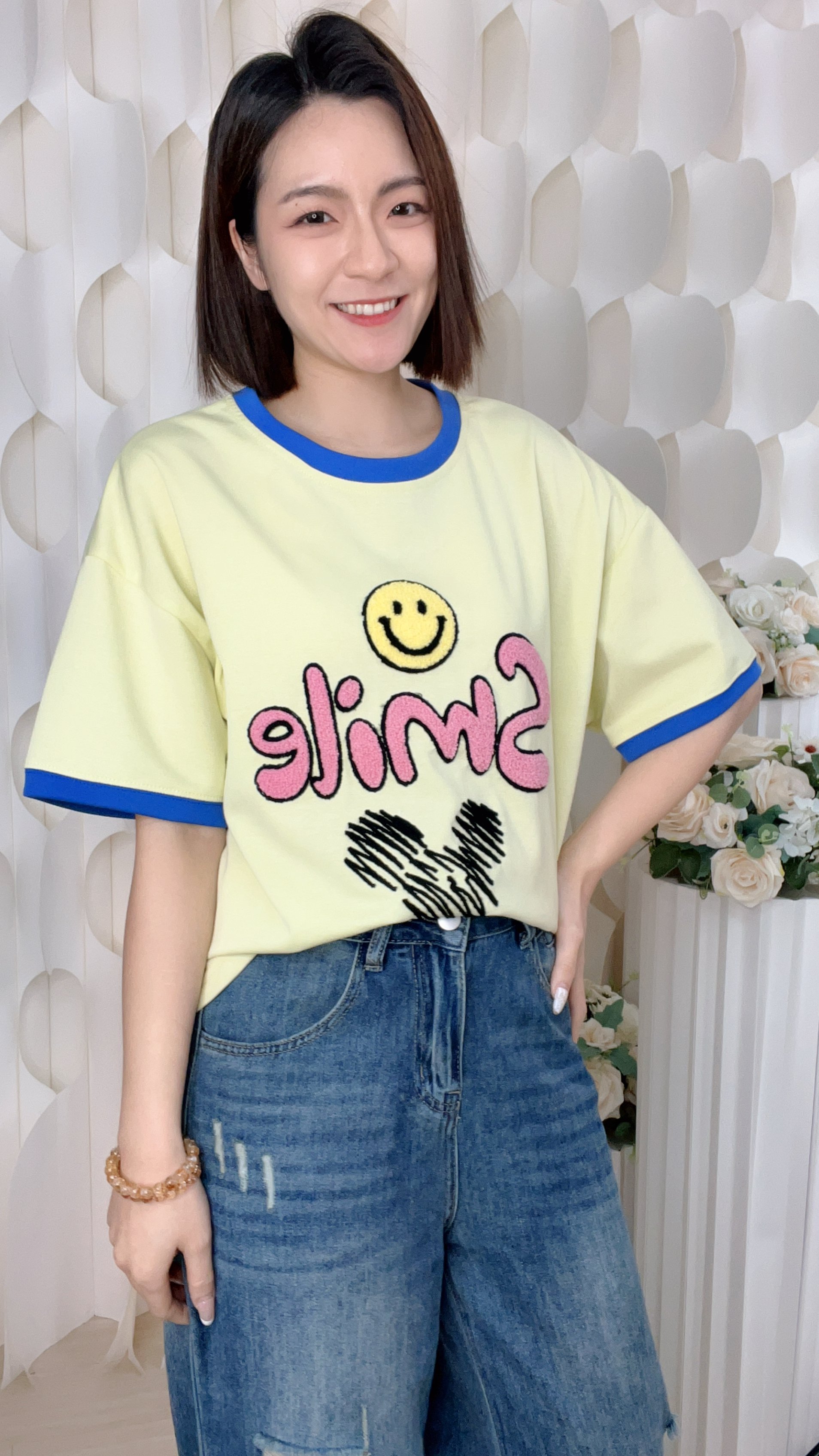 笑臉重工刺綉滑棉上衣(胸: 42-46 腰:42-46  長24吋) 56158#1704clo