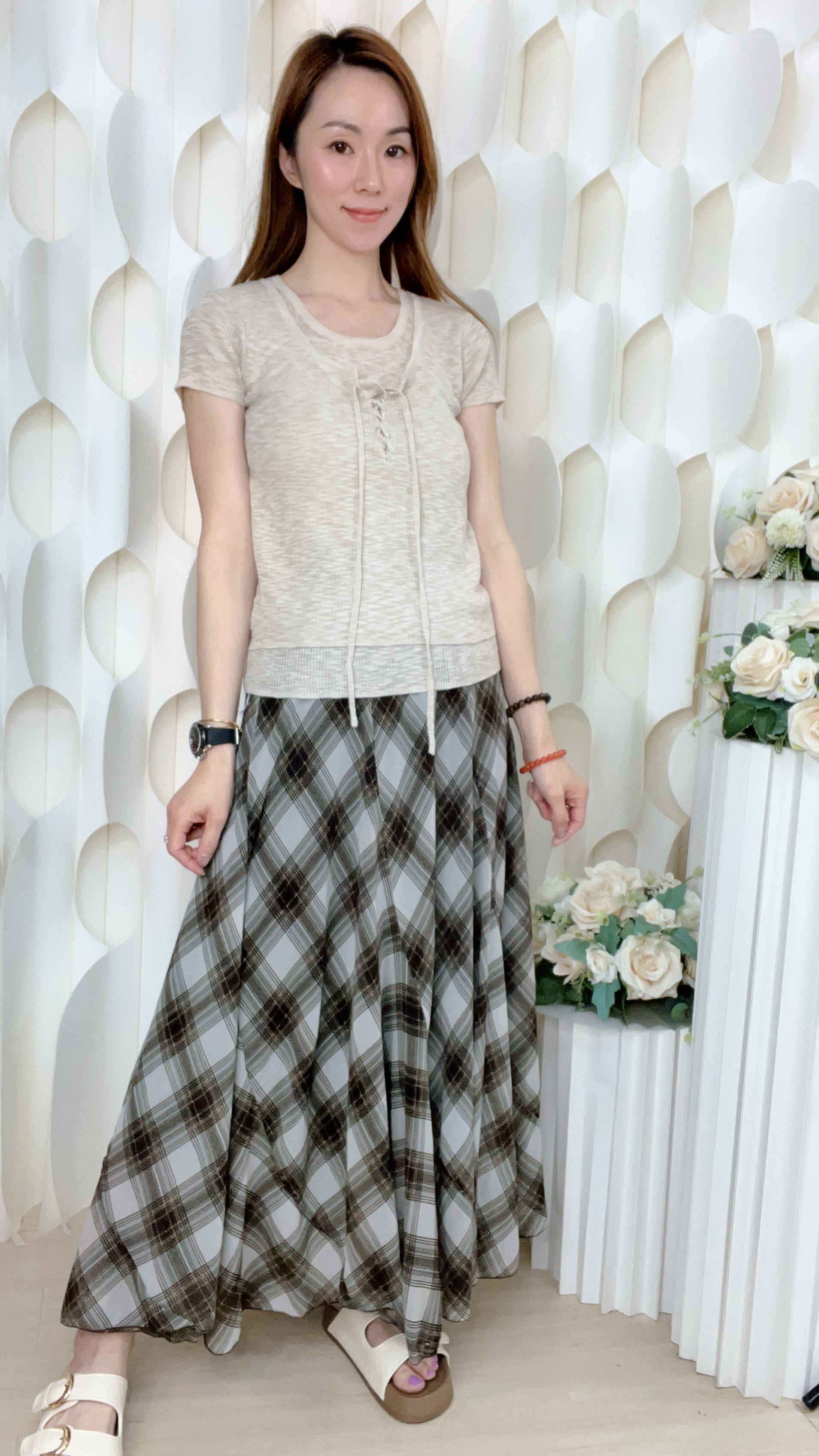 雪紡格紋橡筋腰半截裙(腰26-36 臀52 長35 吋 )8275#1704clo