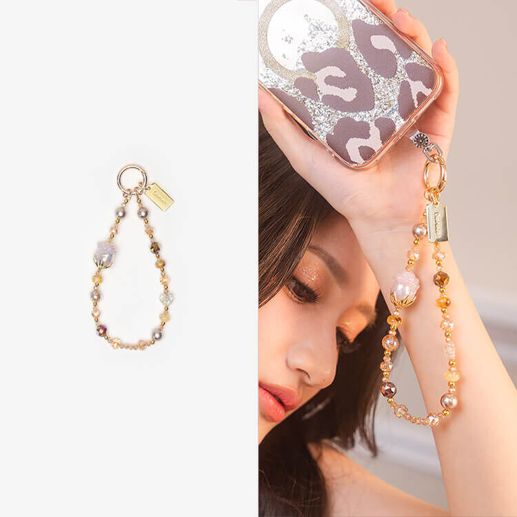 奢華玫瑰橙月光  水晶串珠手腕繩 短掛繩 手機掛繩