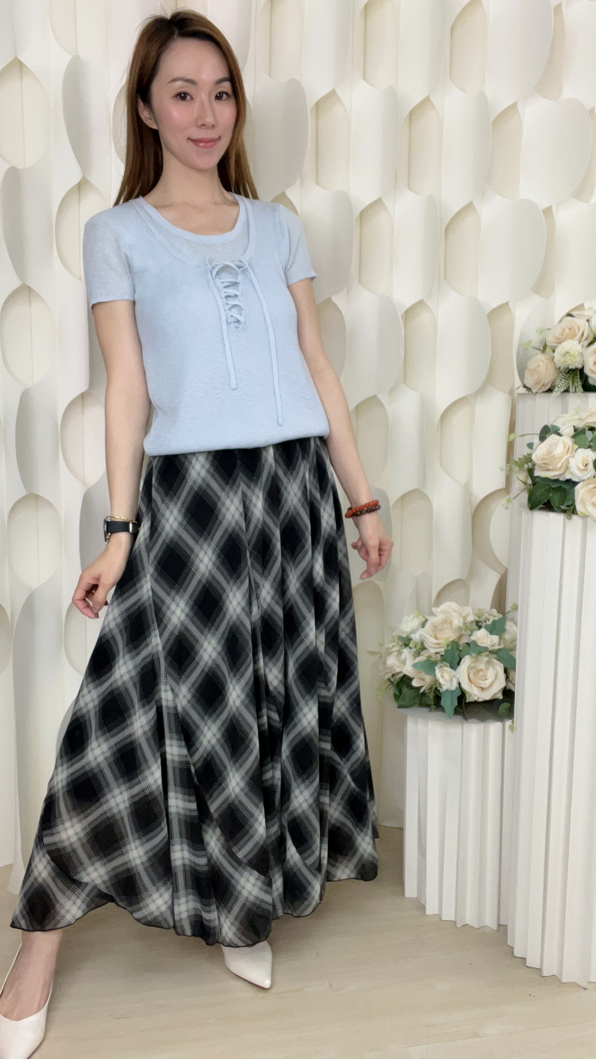 雪紡格紋橡筋腰半截裙(腰26-36 臀52 長35 吋 )8275#1704clo