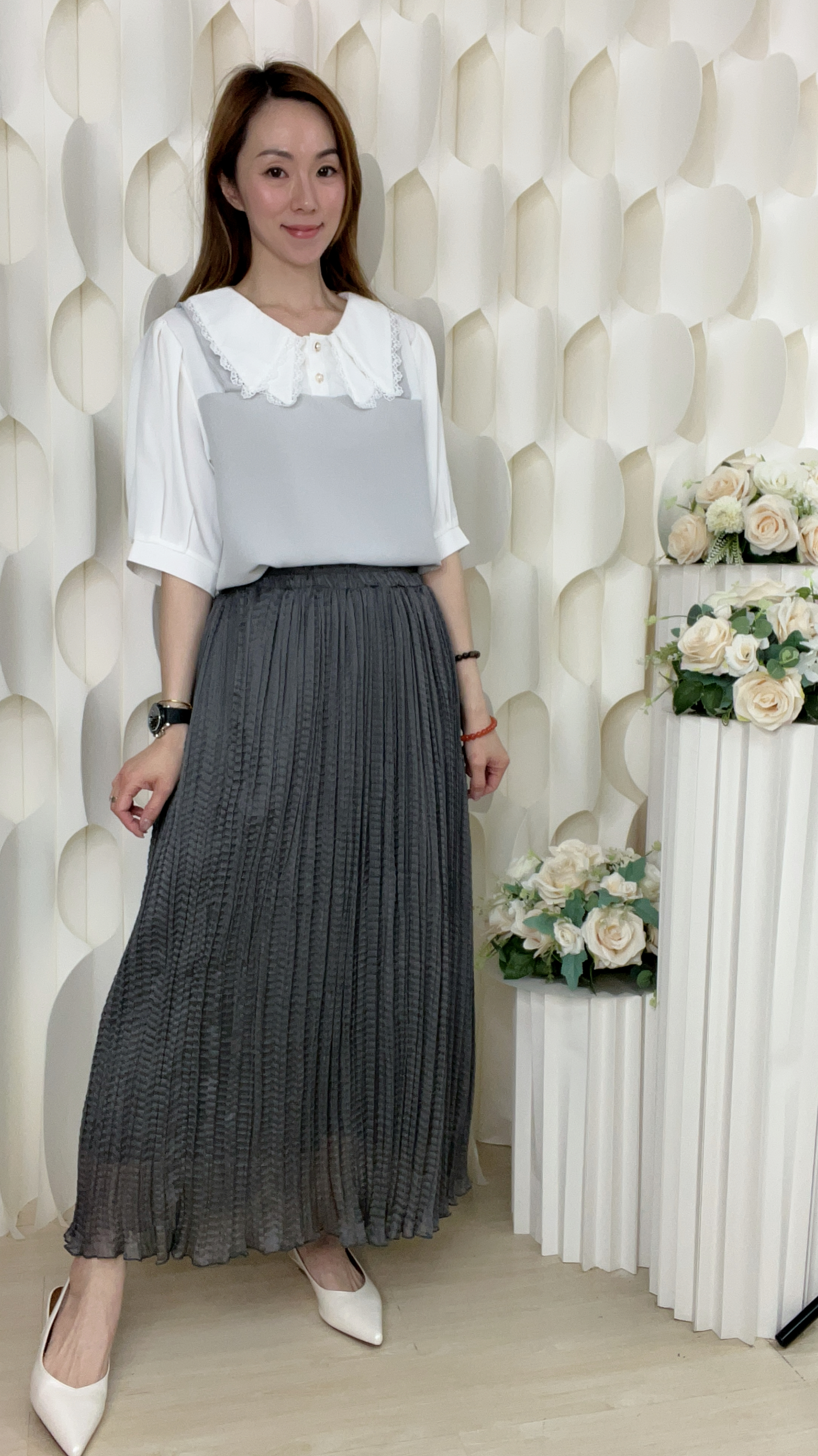 雪紡壓褶橡筋腰半截裙(腰26-44 臀54長34 吋 )26047#1704clo