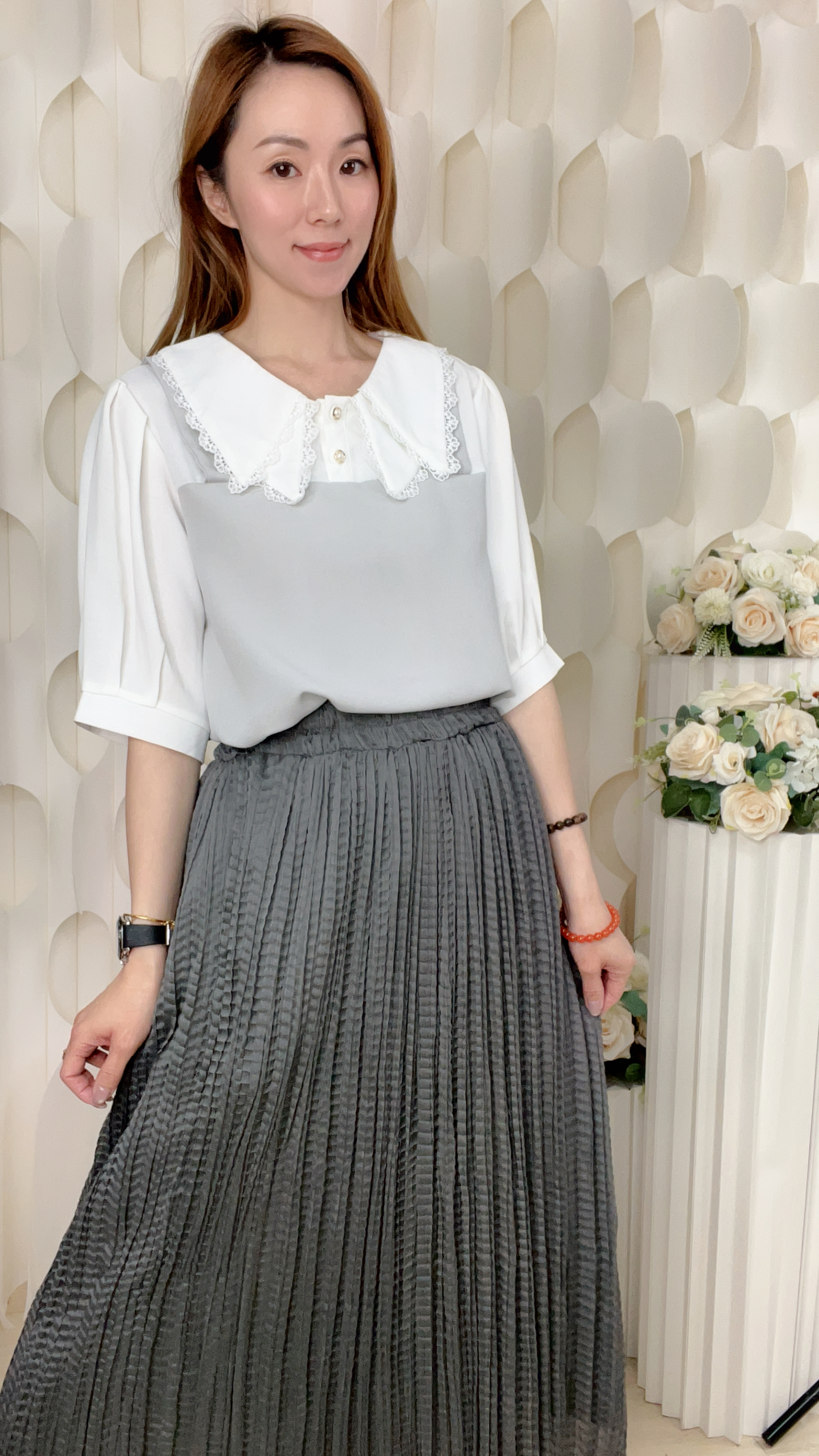 雪紡珍珠扣假兩件拼LACE領上衣(胸:40 腰: 42長24 吋) 56311#1704clo